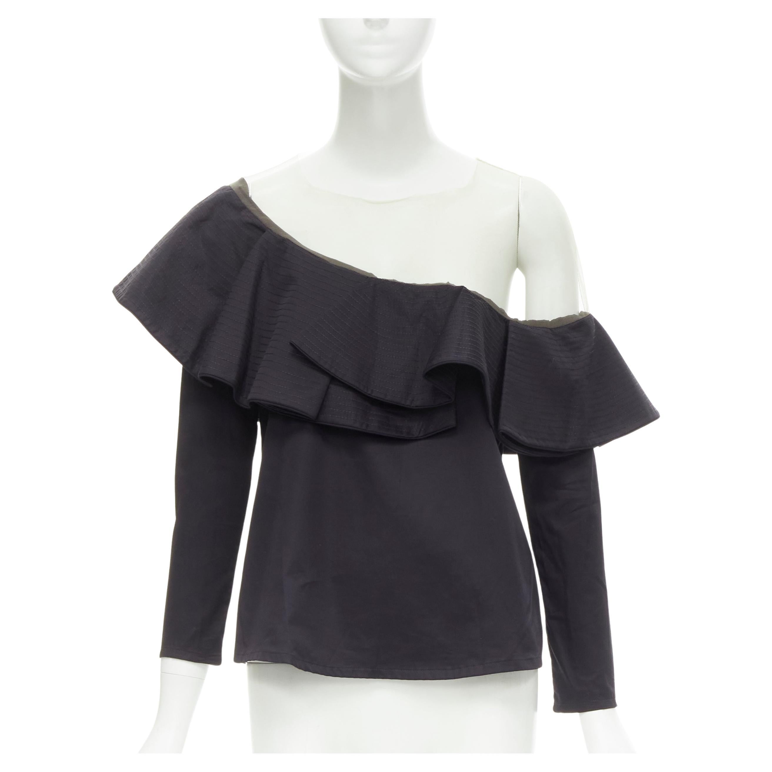 JOHANNA ORTIZ Lazarote black cotton mesh yoke ruffle off shoulder top US2 XS For Sale