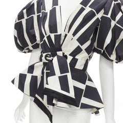 JOHANNA ORTIZ Mastermind cotton silk graphic drawstring puff sleeve top US2 S