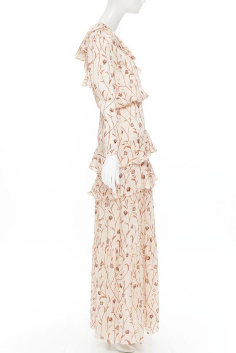 Beige JOHANNA ORTIZ Mysterious Soul beige floral one shoulder tier maxi dress US2 XS For Sale