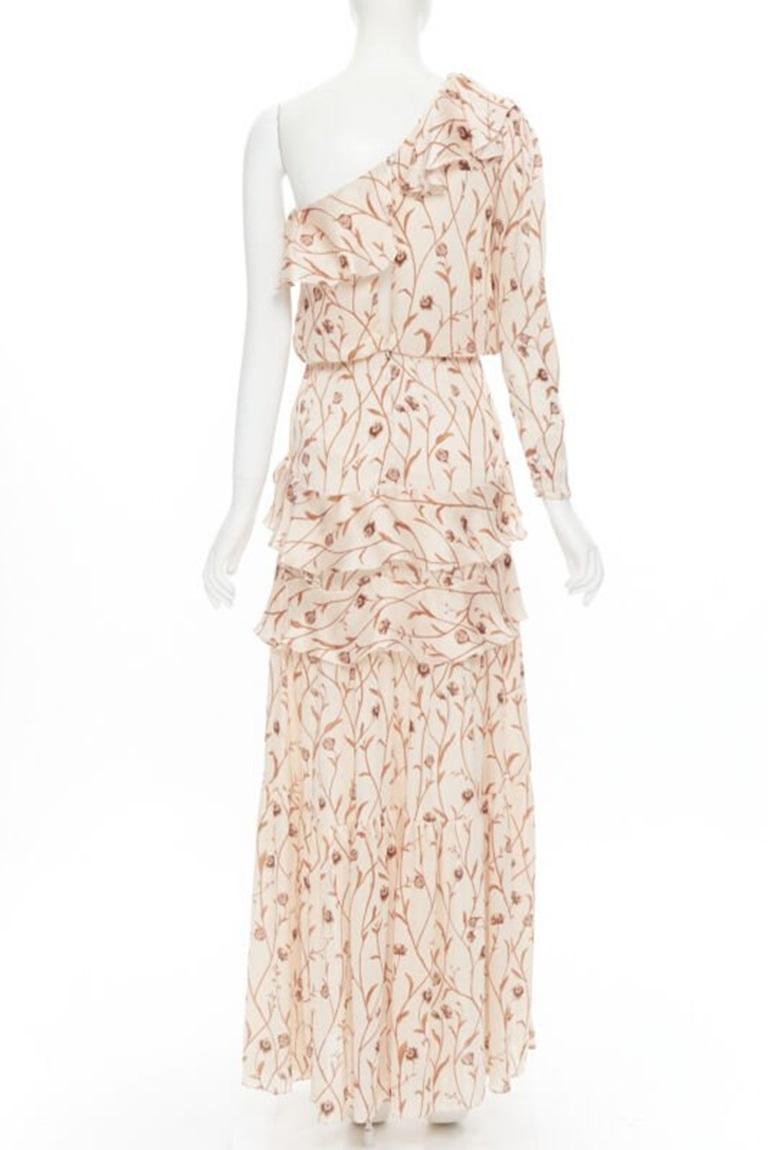 JOHANNA ORTIZ Mysterious Soul beige floral one shoulder tier maxi dress US2 XS In Excellent Condition For Sale In Hong Kong, NT
