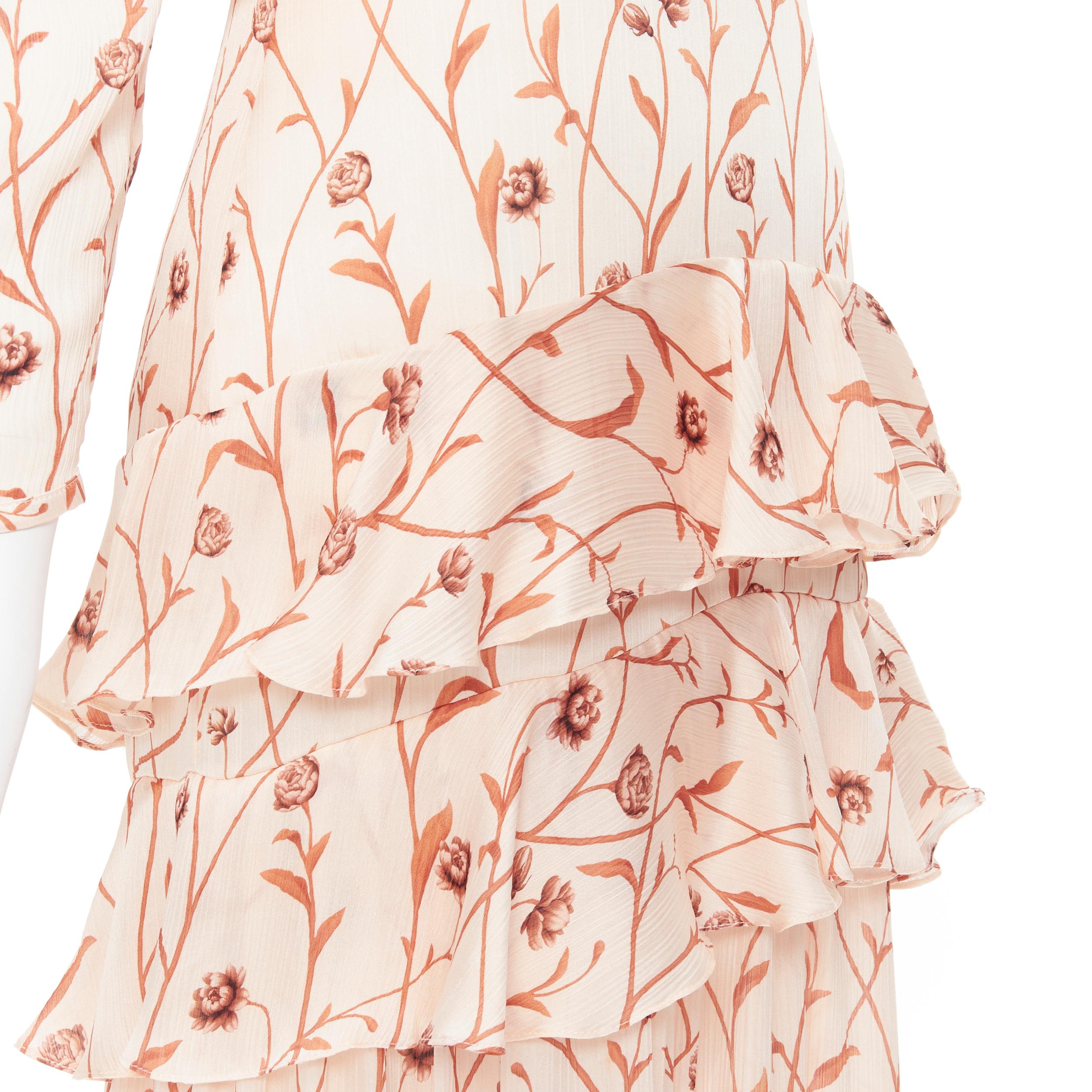 Beige JOHANNA ORTIZ Mysterious Soul beige floral one shoulder tier maxi dress US2 XS For Sale