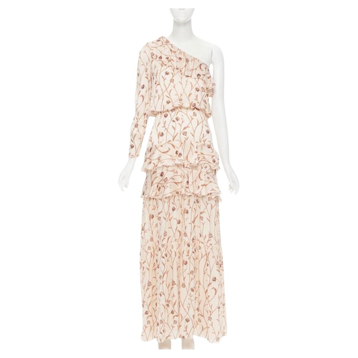 JOHANNA ORTIZ Mysterious Soul beige floral one shoulder tier maxi dress US2 XS For Sale