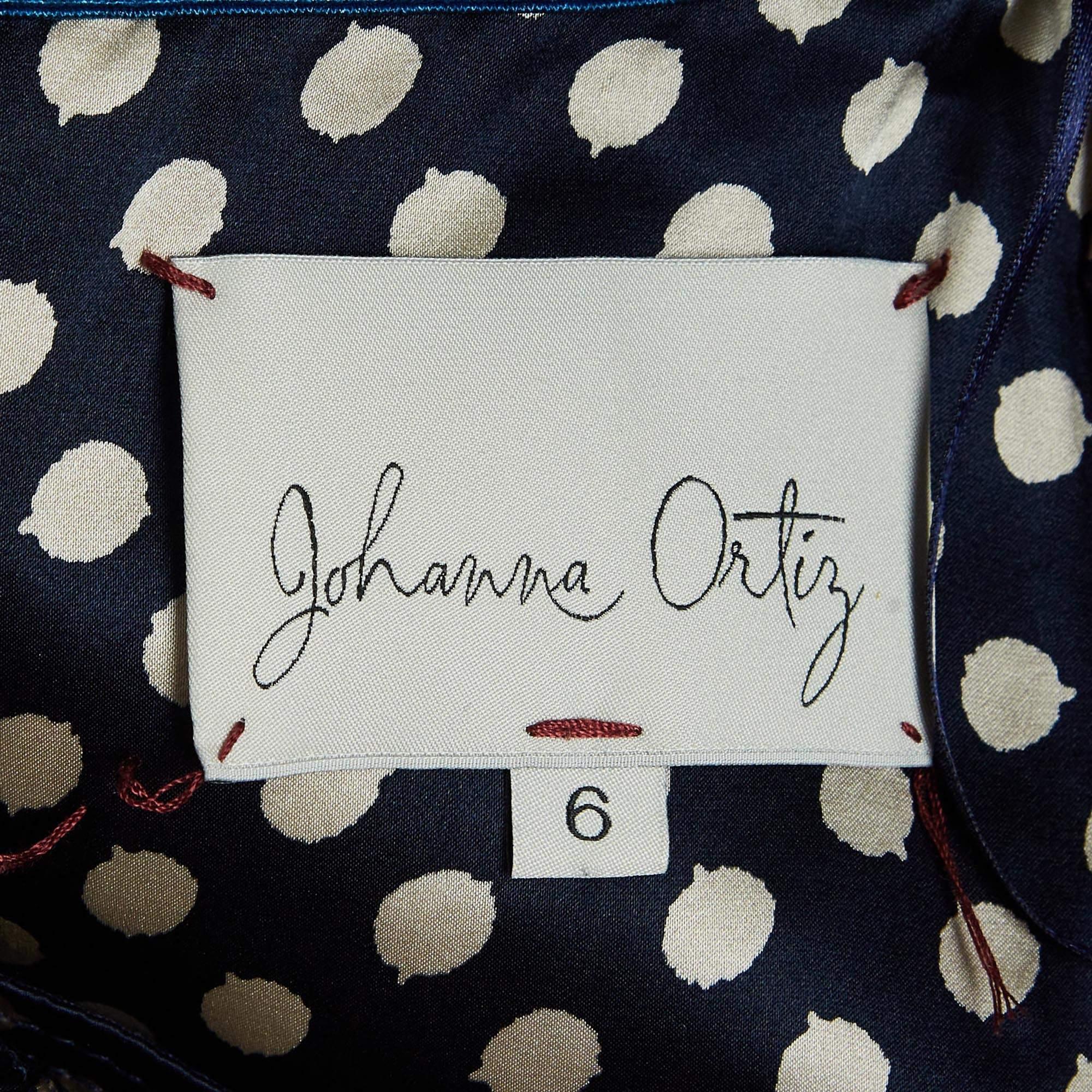 Johanna Ortiz Navy Blue Polka Dot Silk Ruffled Rousseau Maxi Dress M In Good Condition In Dubai, Al Qouz 2