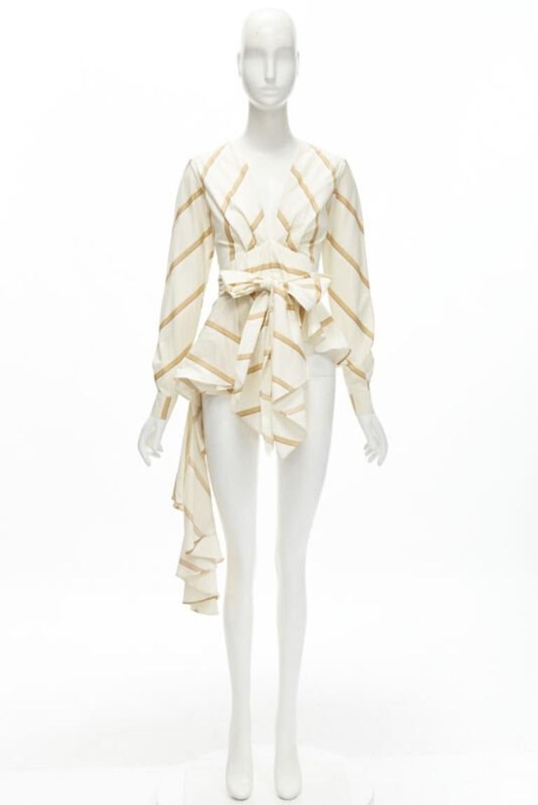JOHANNA ORTIZ Party Wave beige brown striped cotton tie belt blouse US0 XS For Sale 5