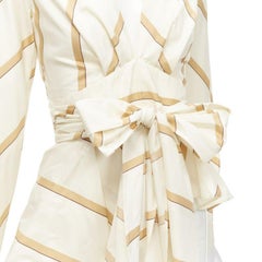 Johanna Ortiz Party Wave beige marrone a righe in cotone con cintura a cravatta camicetta US0 XS