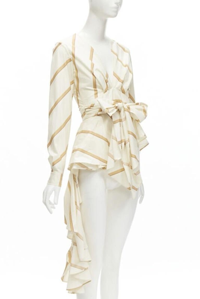 Beige JOHANNA ORTIZ Party Wave beige brown striped cotton tie belt blouse US0 XS For Sale