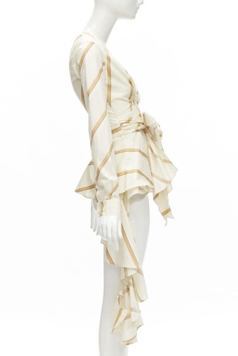 JOHANNA ORTIZ Party Wave beige brown striped cotton tie belt blouse US0 XS In Excellent Condition For Sale In Hong Kong, NT