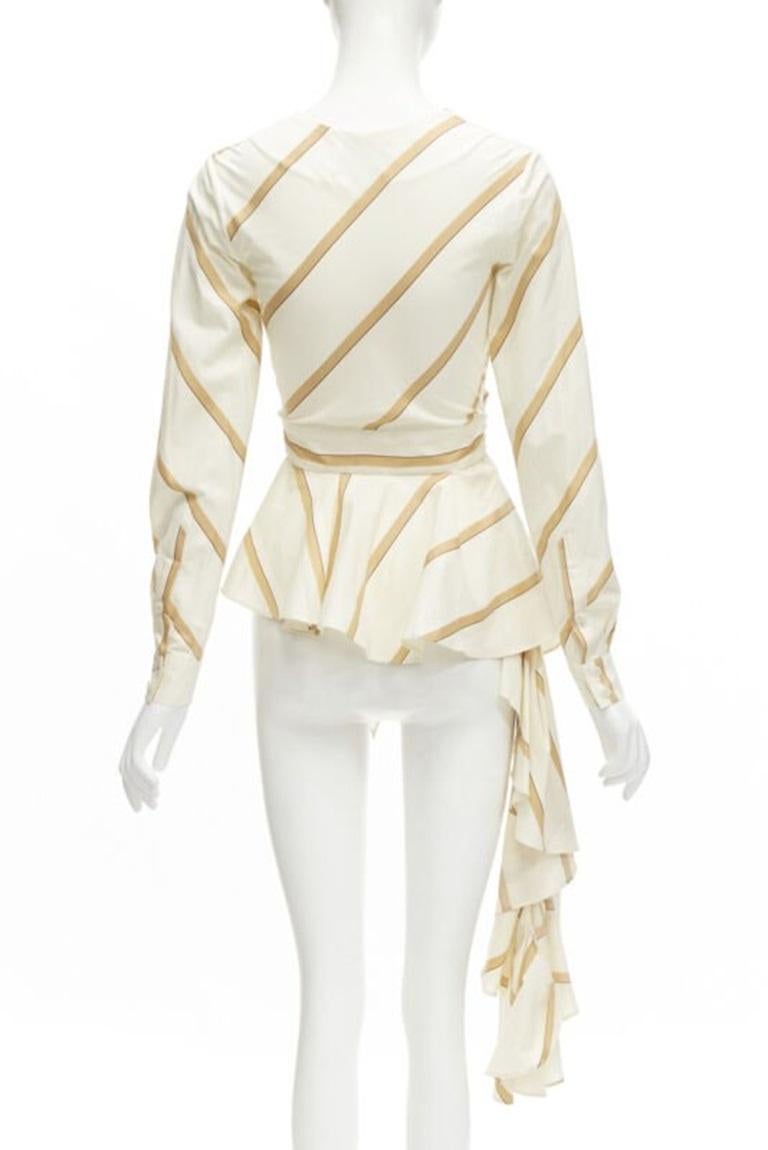 Women's JOHANNA ORTIZ Party Wave beige brown striped cotton tie belt blouse US0 XS For Sale