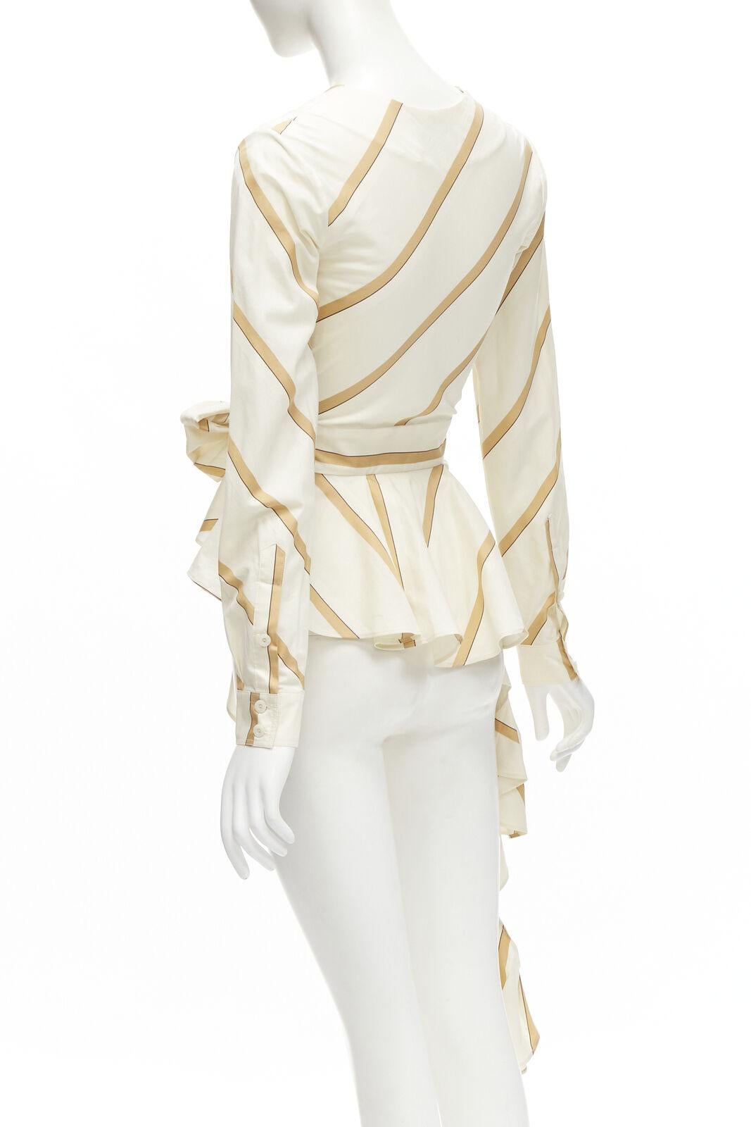 Women's JOHANNA ORTIZ Party Wave beige brown striped cotton tie belt blouse US0 XS For Sale