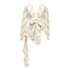 JOHANNA ORTIZ Party Wave blouse en coton rayé beige marron avec ceinture à nouer US0 XS