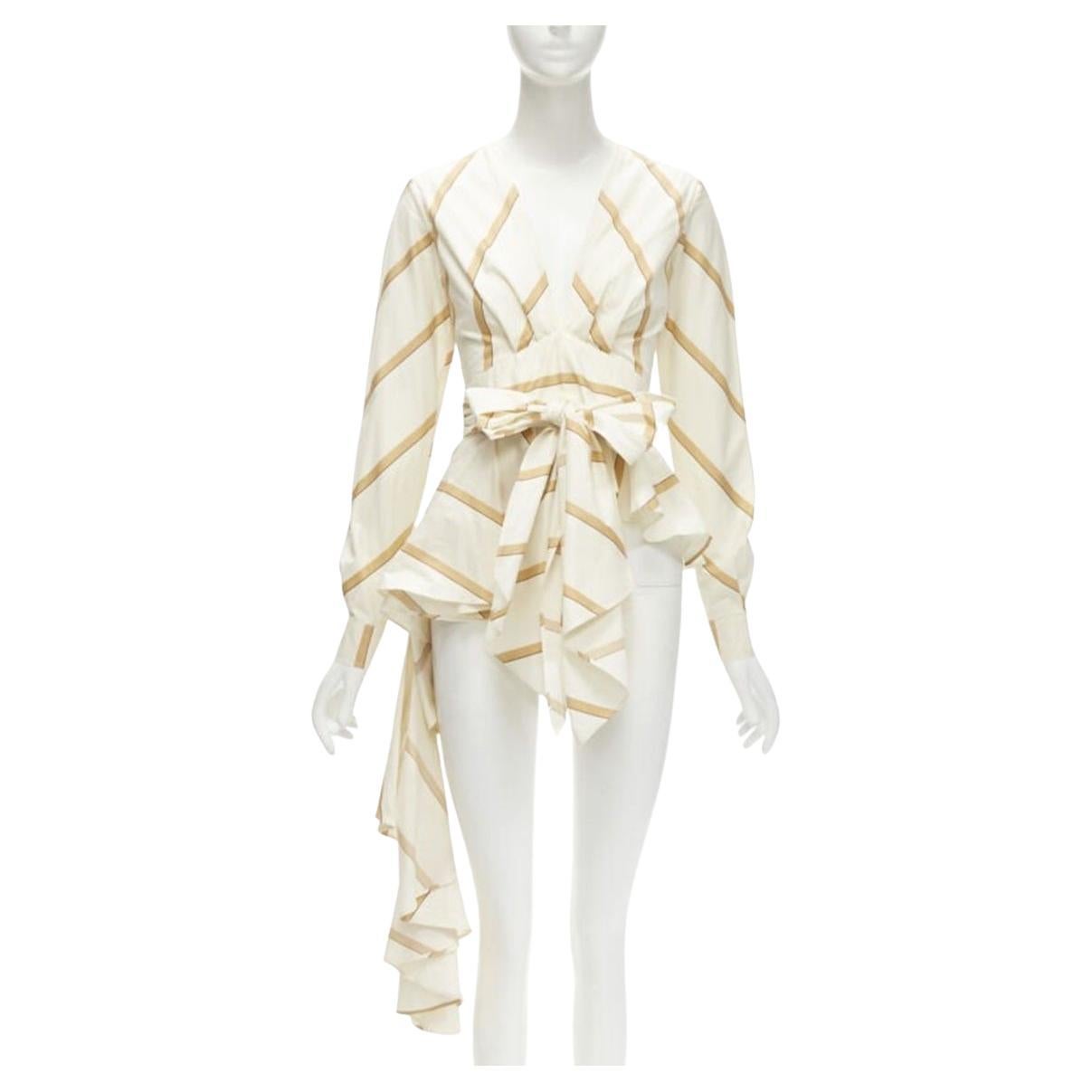 JOHANNA ORTIZ Party Wave beige brown striped cotton tie belt blouse US0 XS For Sale