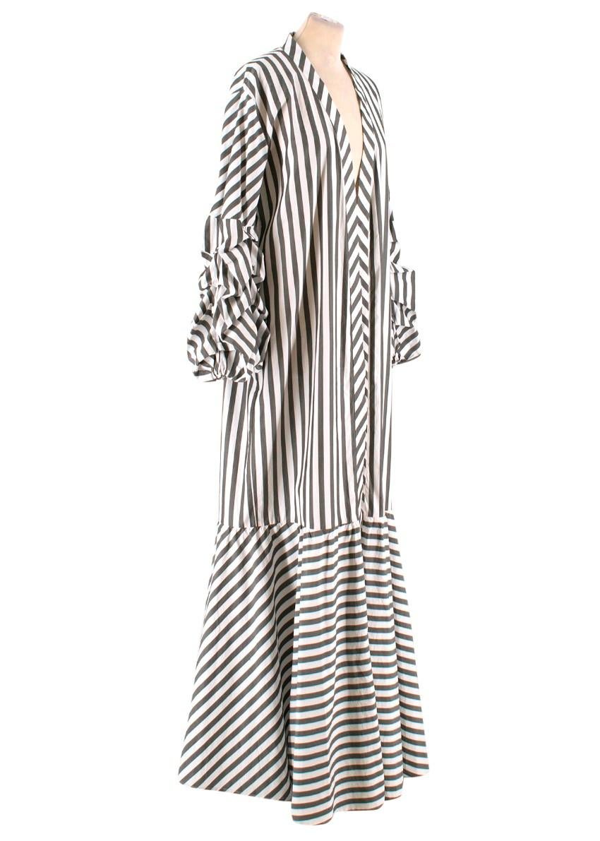 Johanna Ortiz Ruched-Sleeve Striped Stretch Cotton Coat 

- Grey and white striped, cotton-blend poplin
- Open front, long ruched sleeves 
- Lightweight Duster Style
- Contrasting Stripe Print
- Made in Colombia

SIZE US/6

Approx.
Bust: 54cm.
