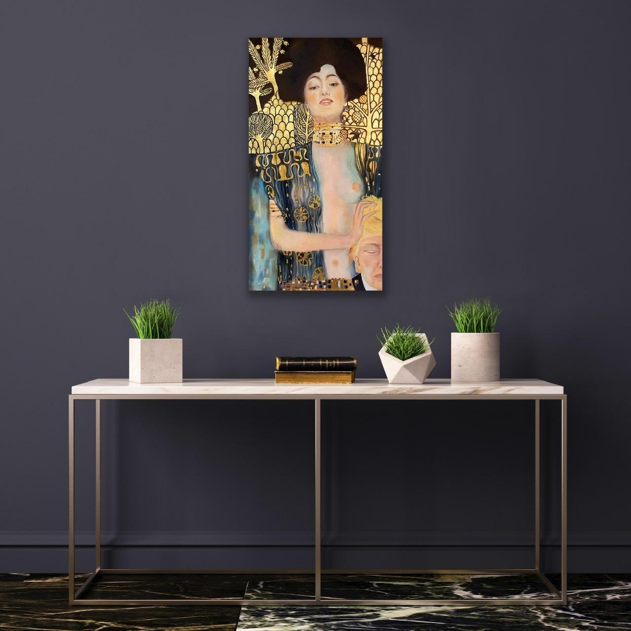 Dies ist meine Adaption von Gustav Klimts „Judith und der Kopf von Holofernes“. Das Gemälde von Kelim stellt den biblischen Charakter von Judith dar, die den ausgestorbenen Kopf von Holofernes hält. Judith erscheint als Gotts Instrument der