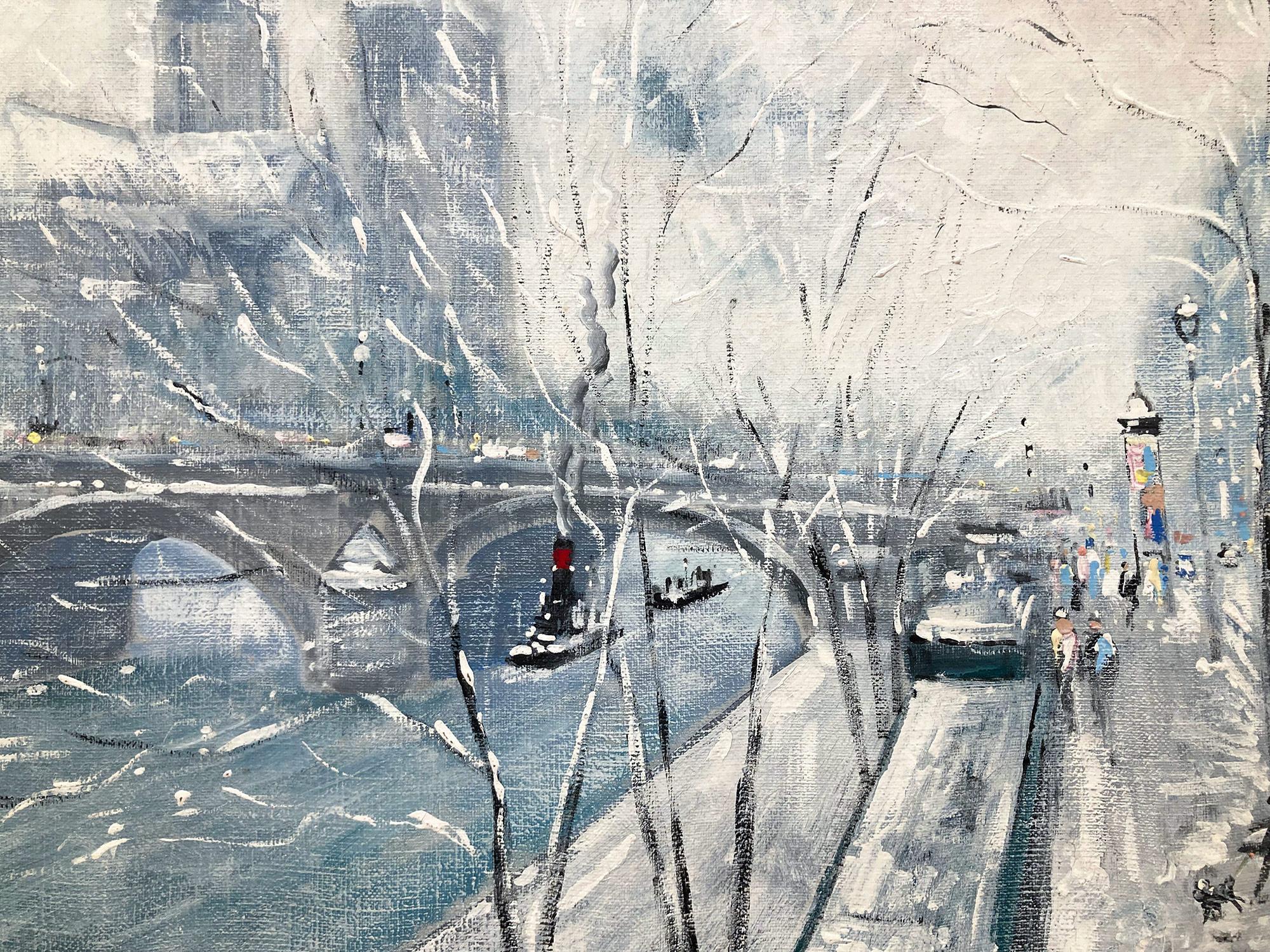 Un'affascinante scena di neve dipinta ad olio su tela dall'artista francese Johannes Schiefer. Questo dipinto è un meraviglioso esempio del suo lavoro nel periodo iniziale della sua carriera. Qui si vedono delle figure che camminano sul marciapiede