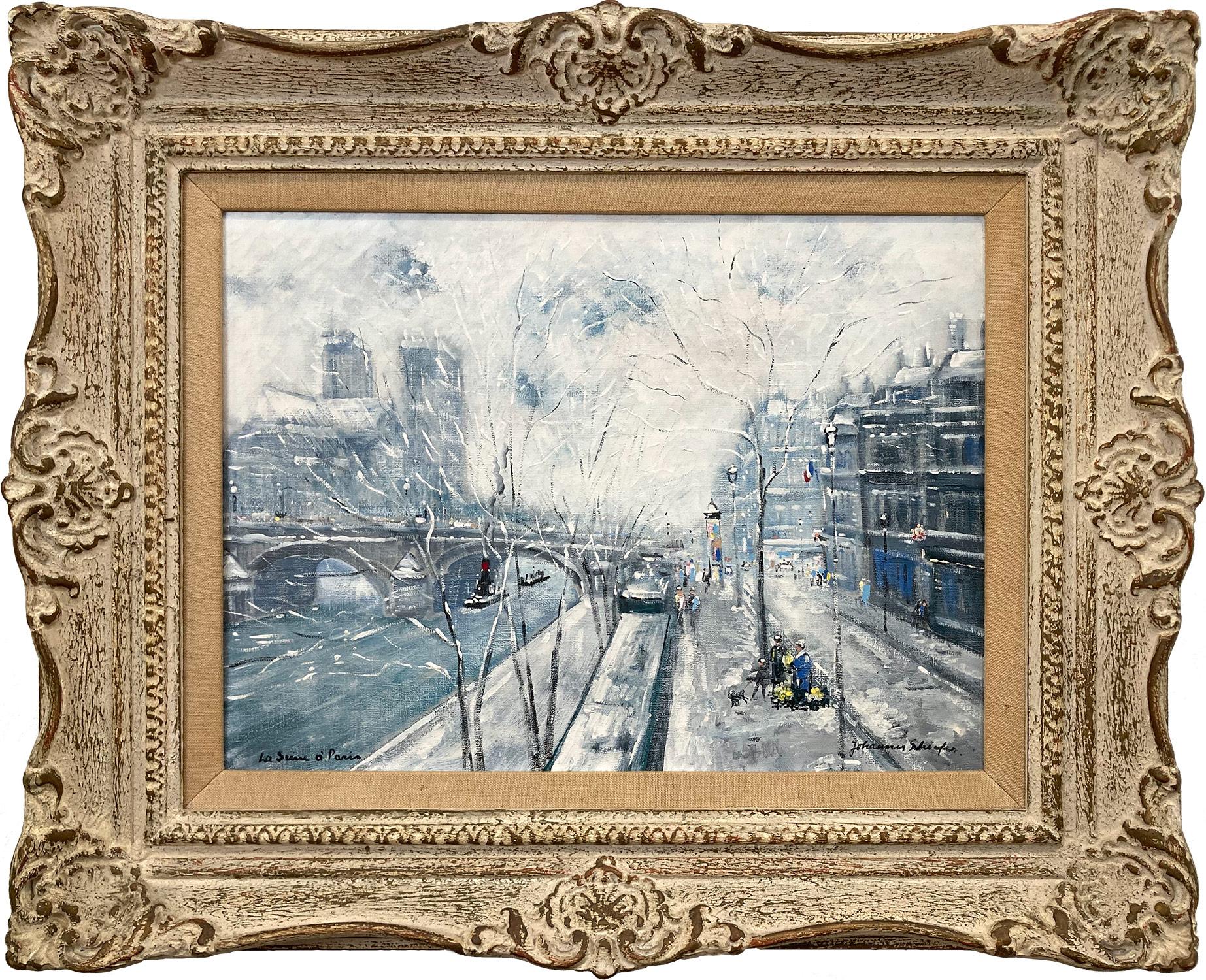 Johanne Schiefer Figurative Painting - "La Seine a Paris" Notre Dame Post-Impressionist Snow Scene Oil on Canvas 