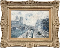 "La Seine a Paris" Notre Dame Post-Impressionist Snow Scene Oil on Canvas 