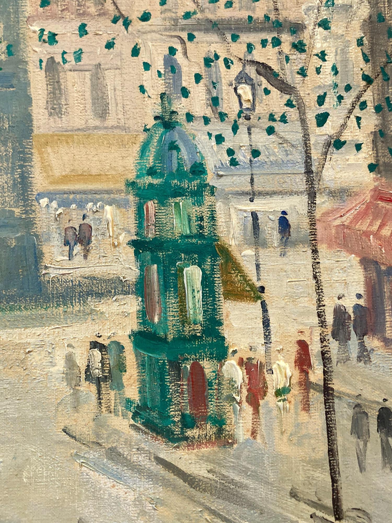 Encantadora escena parisina pintada al óleo sobre lienzo por la artista francesa Johanne Schiefer. Este cuadro es un maravilloso ejemplo de su obra de la plenitud de su carrera. Aquí se ven figuras paseando por las calles junto al puerto San Martín