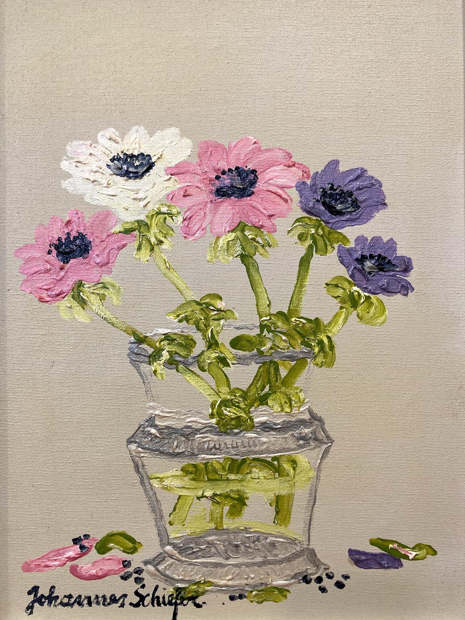 „Sunday Florals“ Buntes impressionistisches Stillleben-Gemälde, Öl auf Leinwand, Öl – Painting von Johanne Schiefer
