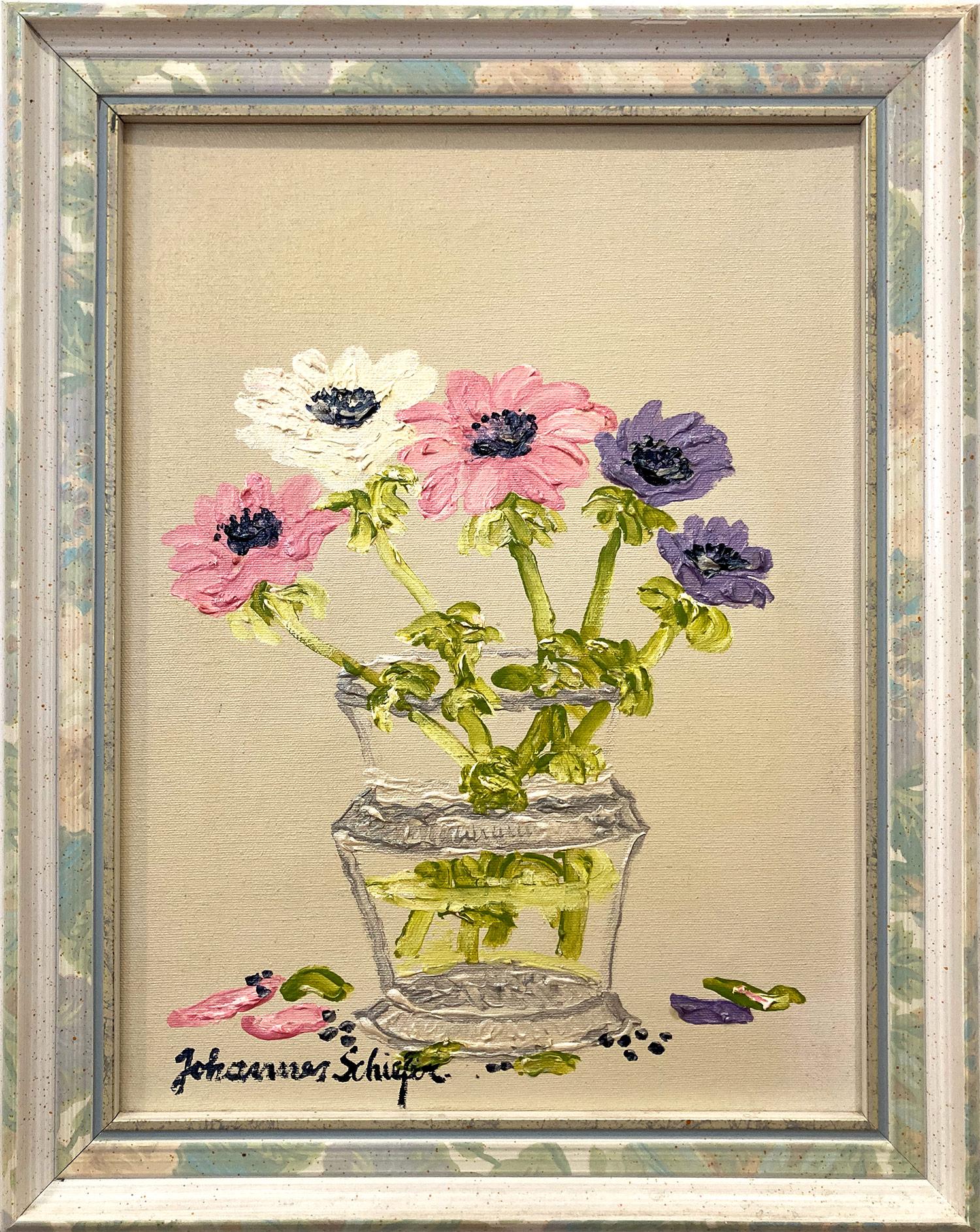 "Fiori della domenica", colorata scena di natura morta impressionista olio su tela