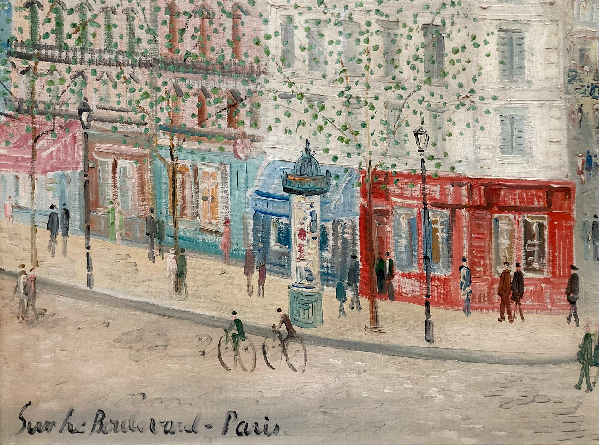 A charming Parisian scene oil on canvas painting by the French artist, Johanne Schiefer. This painting is a wonderful example of his work from the prime of his career. Here you see figures walking the streets by Sur Le Boulevard in Paris with an