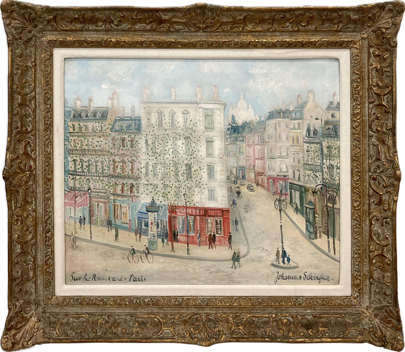 Johanne Schiefer Figurative Painting - "Sur Le Boulevard Paris" Colorful Impressionist Cityscape Scene Oil on Canvas