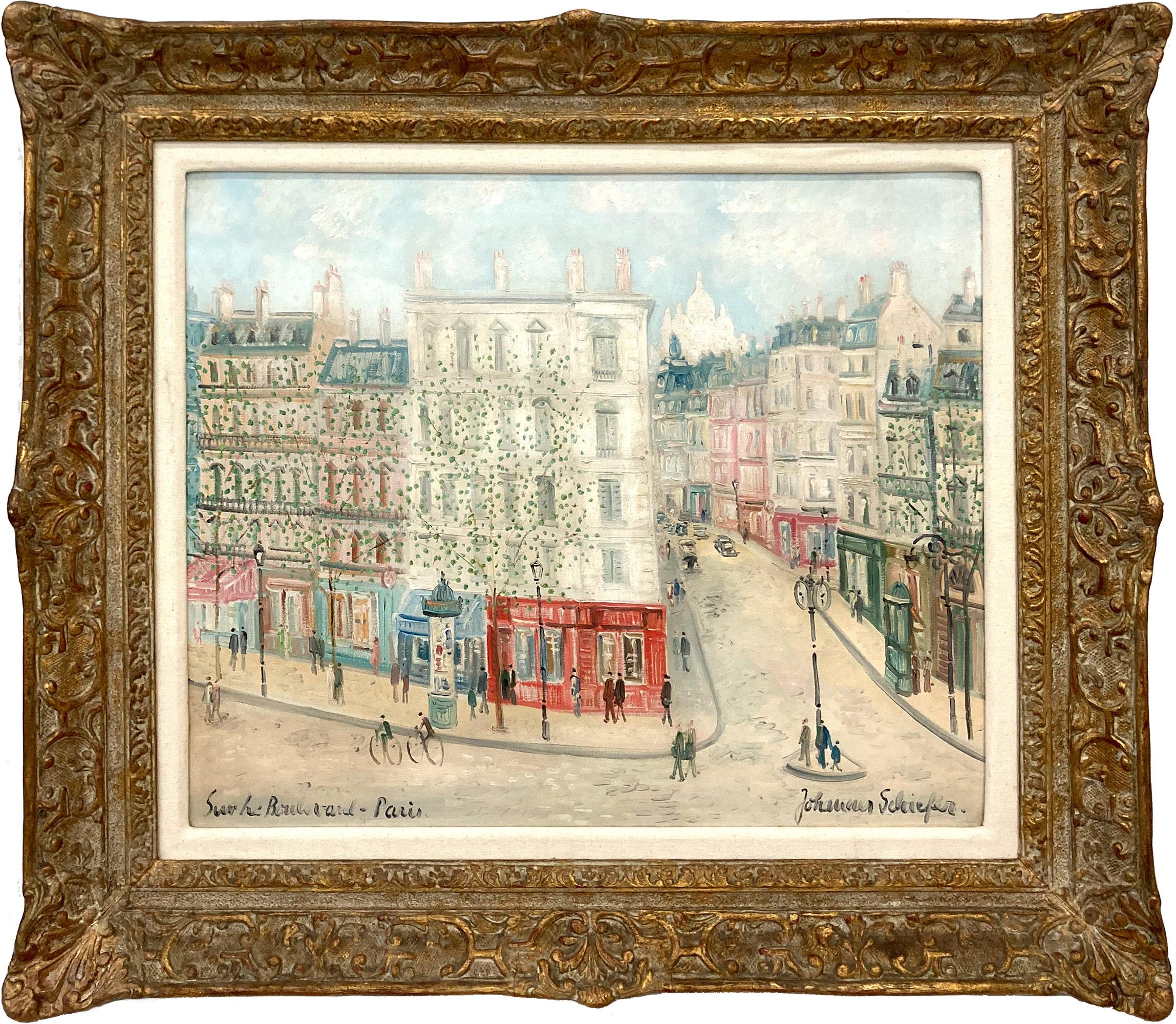 Johannes Schiefer Figurative Painting - "Sur Le Boulevard Paris" Colorful Impressionist Cityscape Scene Oil on Canvas