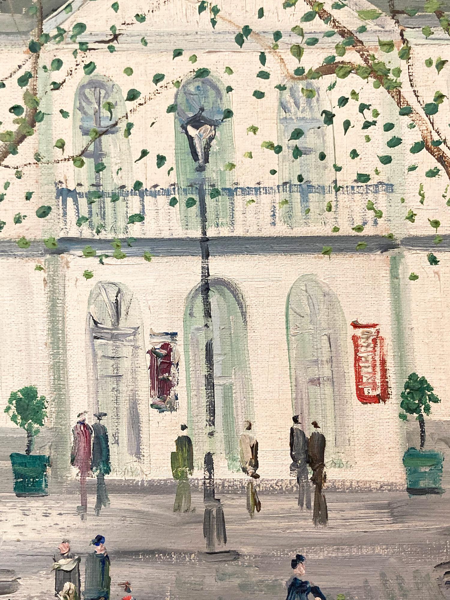 Encantadora escena parisina pintada al óleo sobre lienzo por la artista francesa Johanne Schiefer. Este cuadro es un maravilloso ejemplo de su obra de la plenitud de su carrera. Aquí ves figuras paseando delante del Théâtre de l'Atelier con