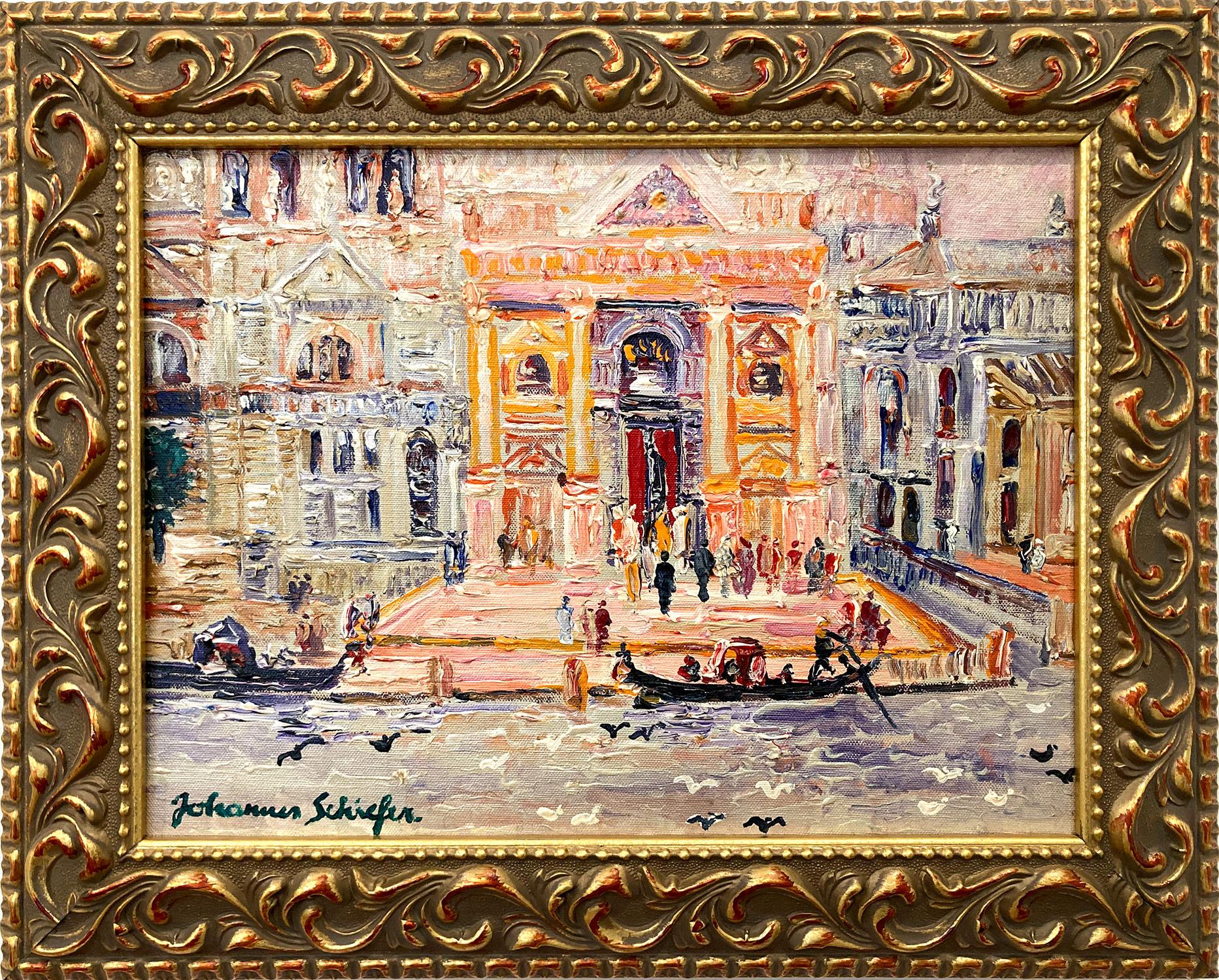 Figurative Painting de Johanne Schiefer - "Escena veneciana con góndola" Pintura al óleo impresionista colorista del siglo XX