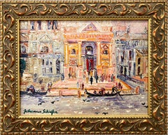 "Escena veneciana con góndola" Pintura al óleo impresionista colorista del siglo XX