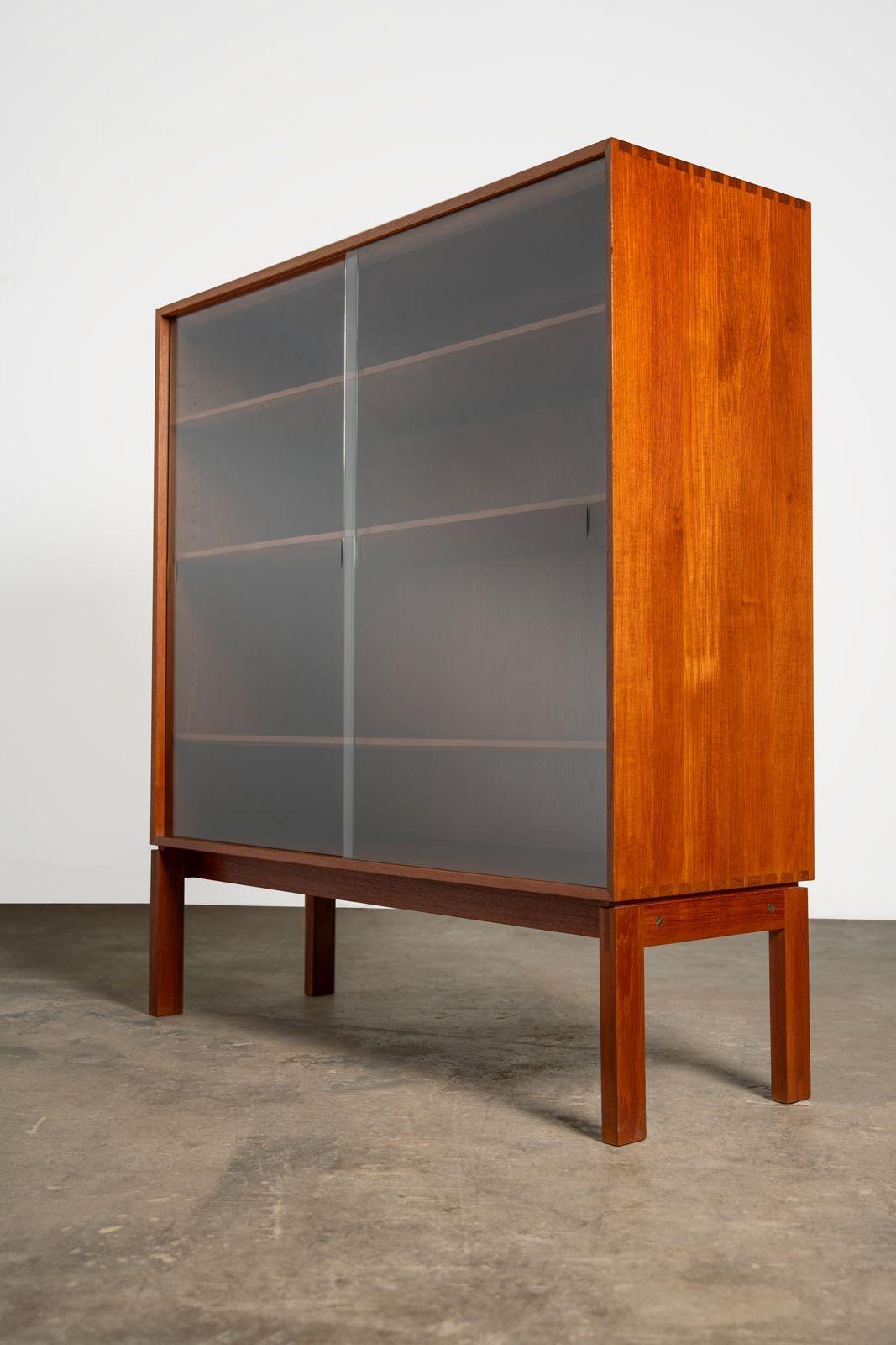 Scandinavian Modern Johannes Aasbjerg Solid Finger-Jointed Teak Display Cabinet with Glass Doors 60s For Sale