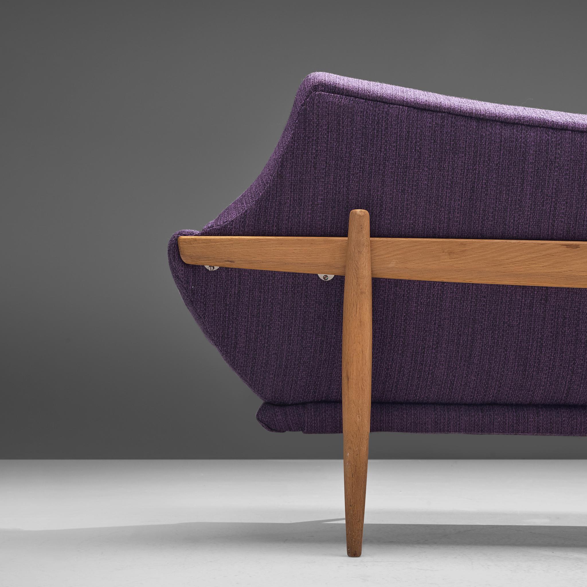Scandinavian Modern Johannes Andersen Curved Sofa in Royal Purple Upholstery and Oak  For Sale