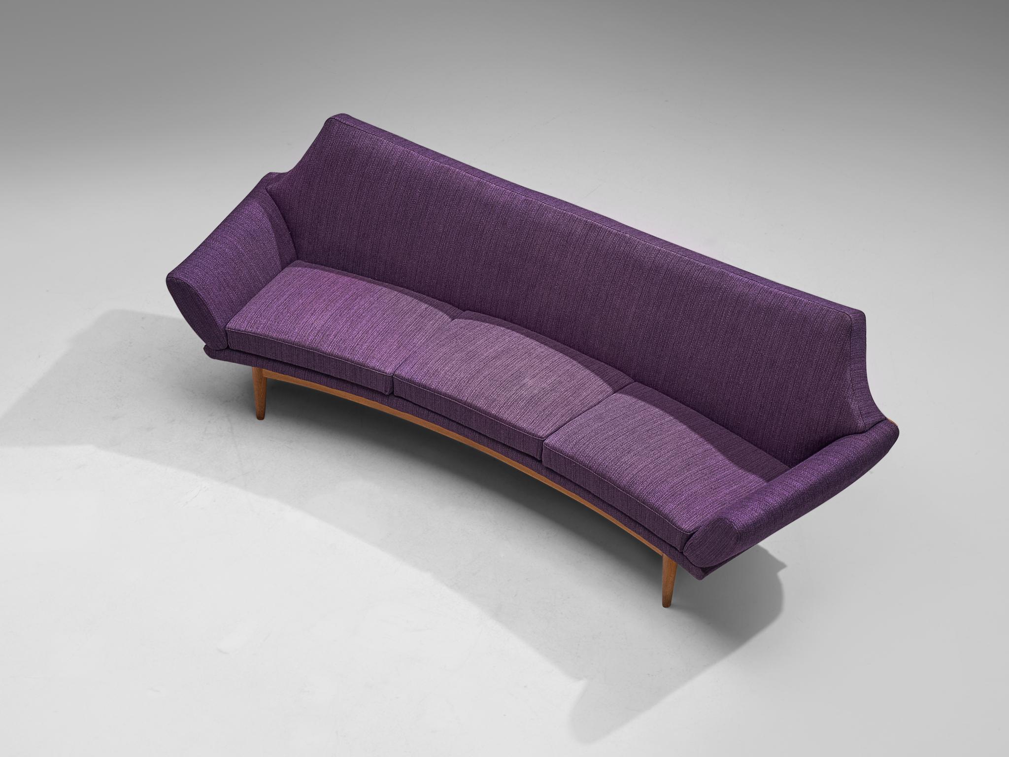 Swedish Johannes Andersen Curved Sofa in Royal Purple Upholstery and Oak  For Sale