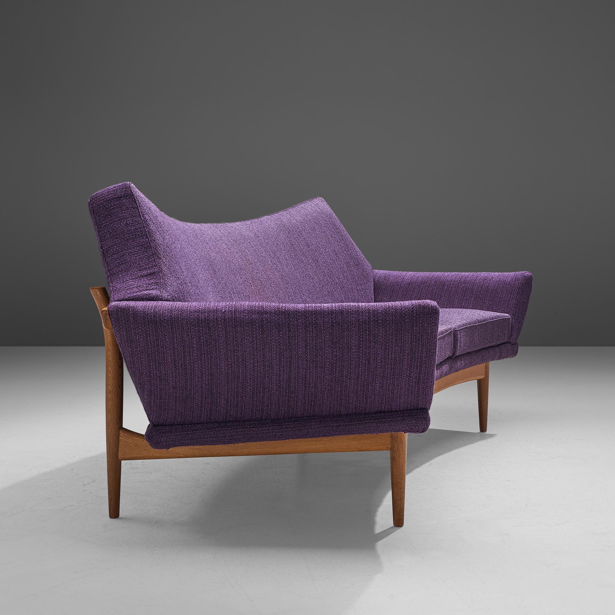 Johannes Andersen Curved Sofa in Royal Purple Upholstery and Oak  For Sale 1