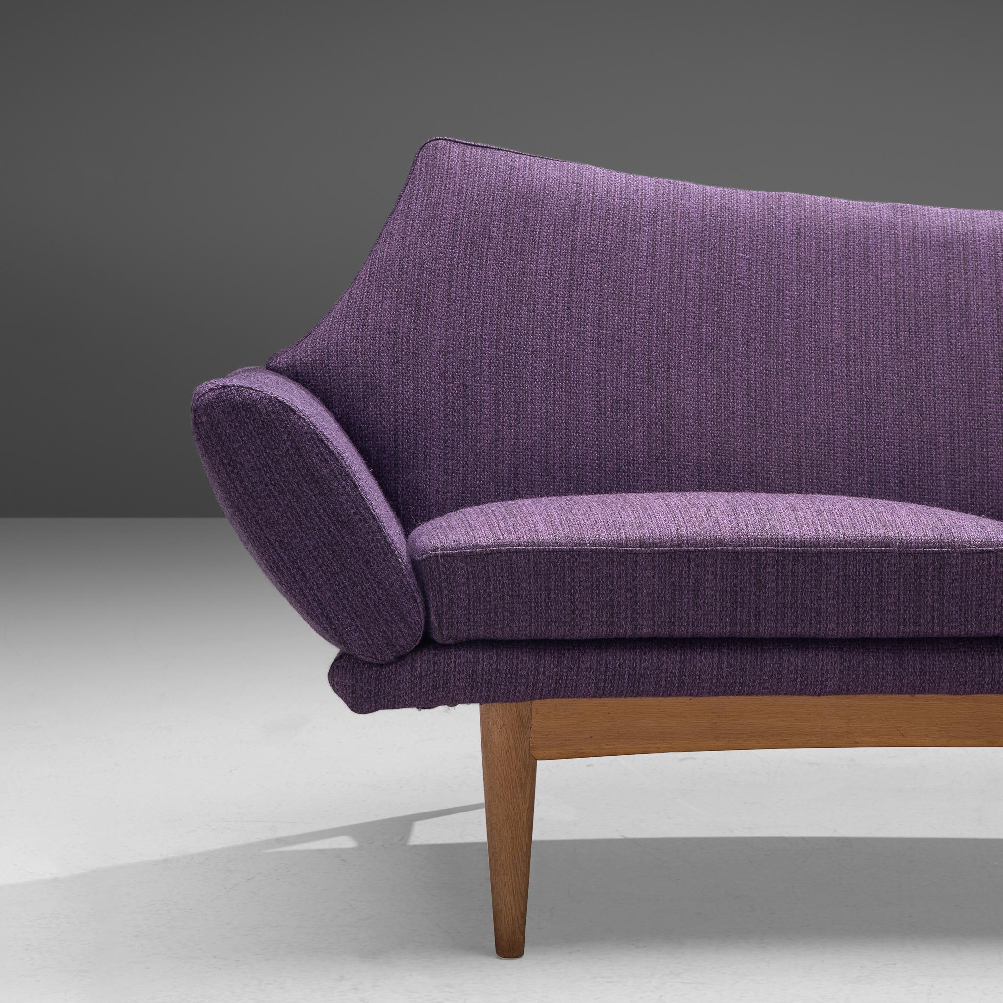 Johannes Andersen Curved Sofa in Royal Purple Upholstery and Oak  For Sale 2