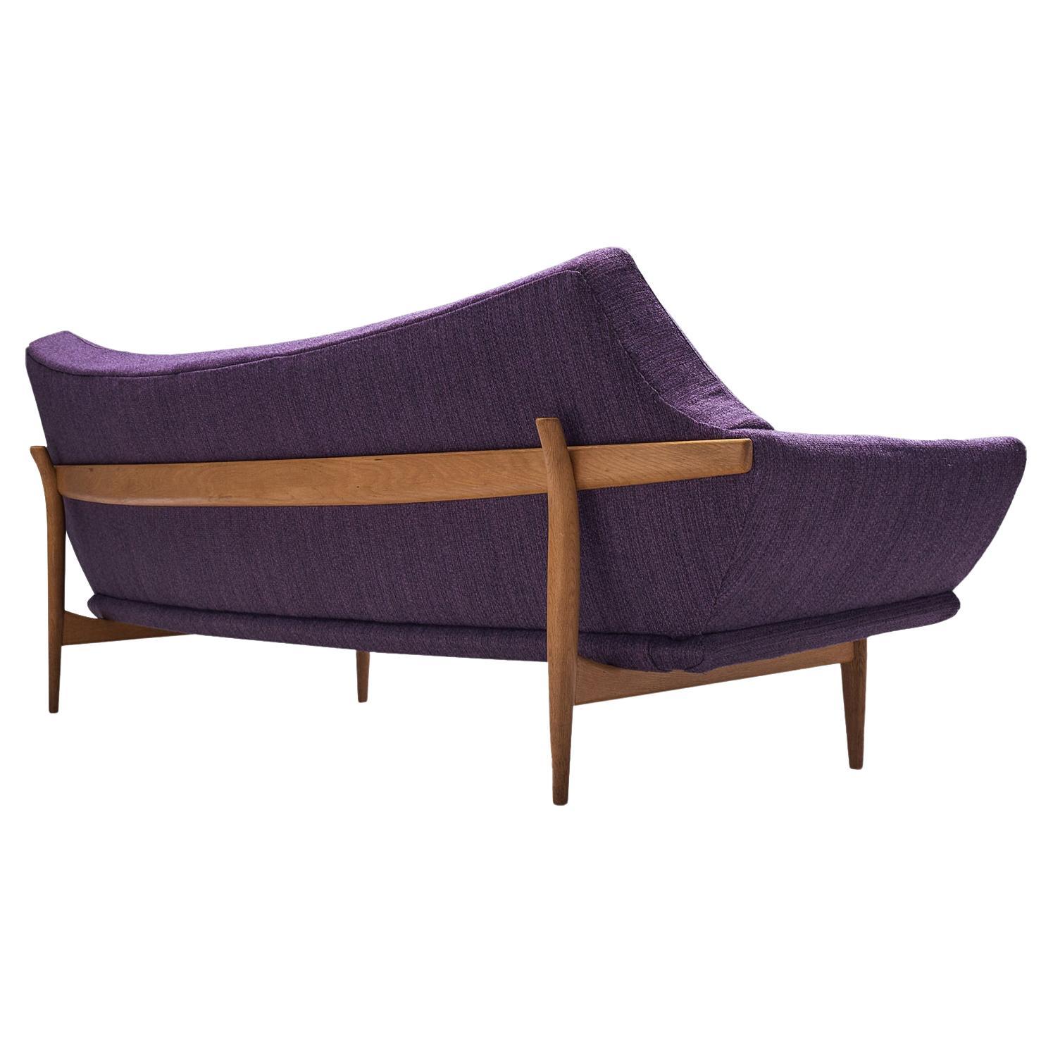 Johannes Andersen Curved Three-Seat Sofa in Royal Purple Upholstery and Oak