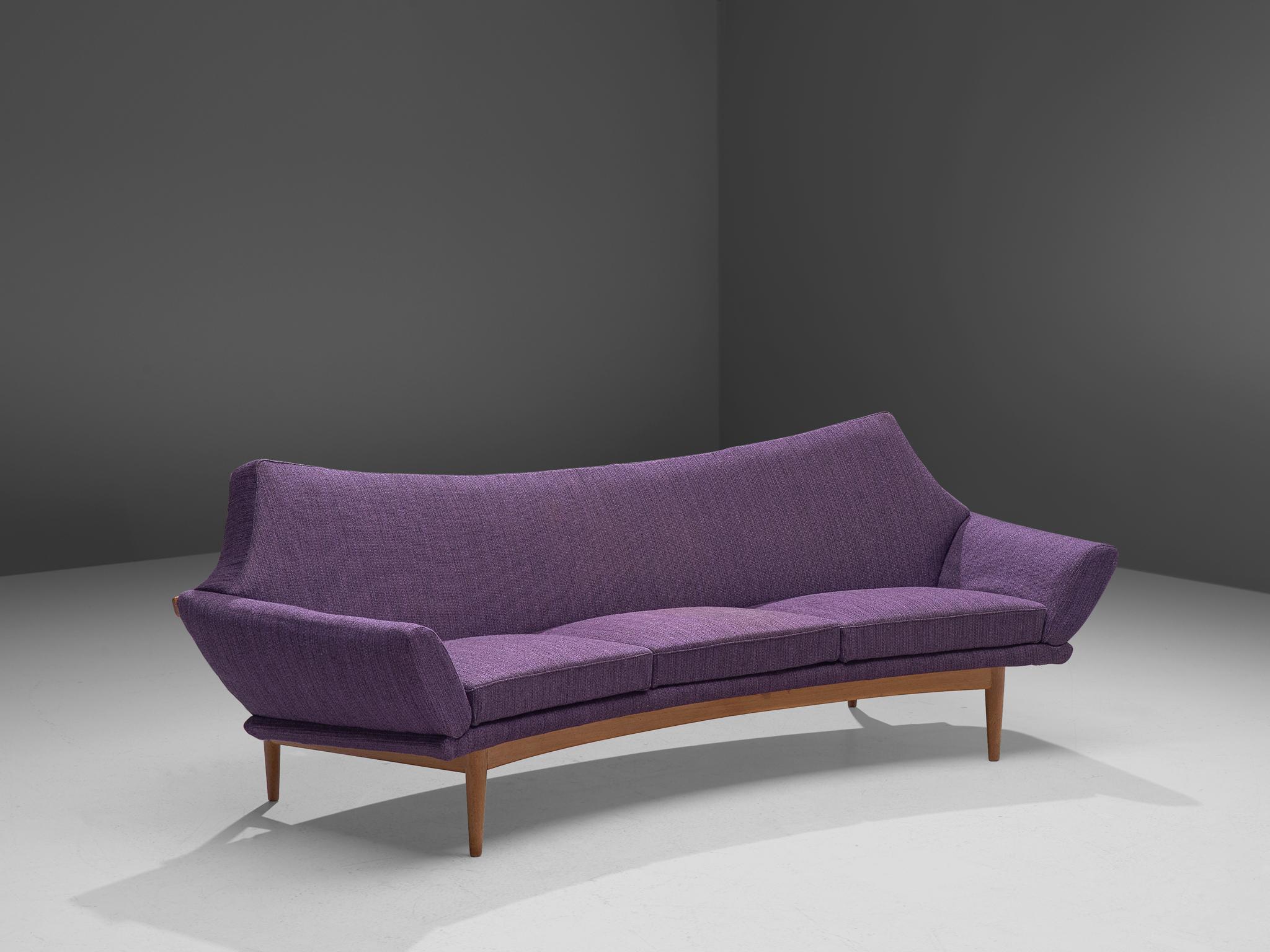 Scandinavian Modern Johannes Andersen Curved Sofa in Royal Purple Upholstery and Oak