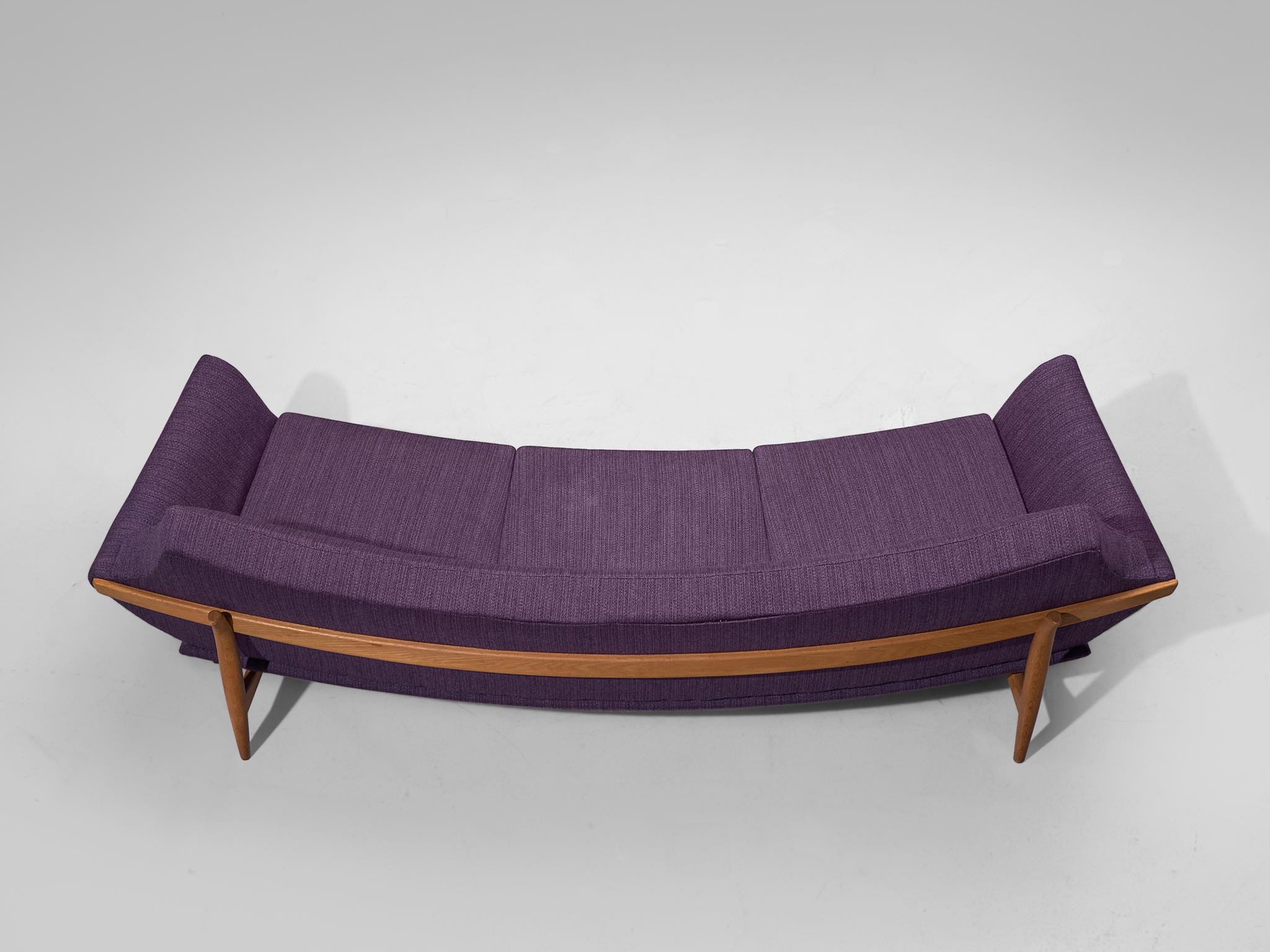 Swedish Johannes Andersen Curved Sofa in Royal Purple Upholstery and Oak