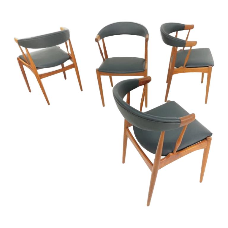 Johannes Andersen Midcentury Dining Chairs Teak & Black Vinyl, 1960s