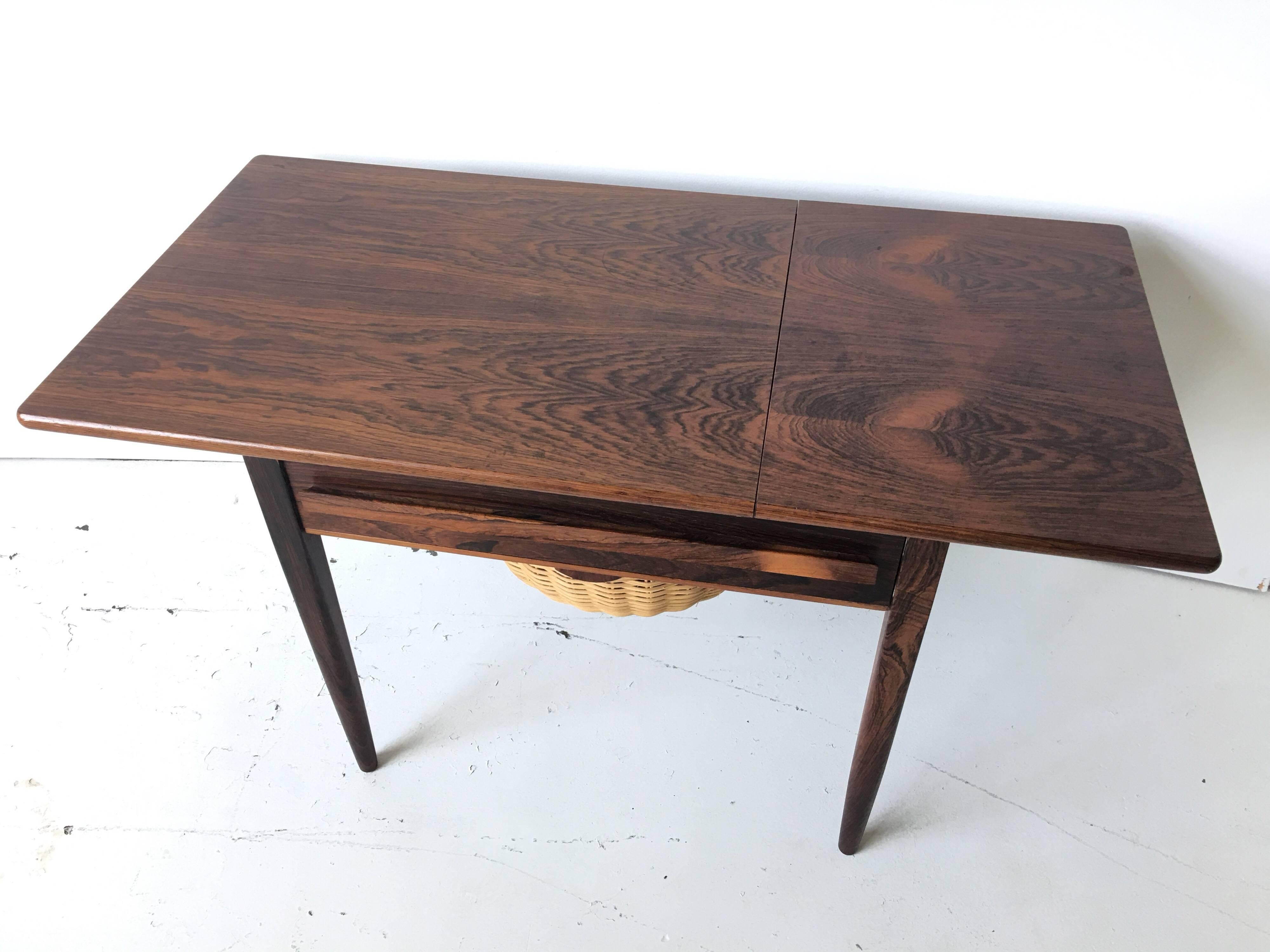Wicker Johannes Andersen Rosewood Danish Modern Drop-Leaf Side Sewing Table
