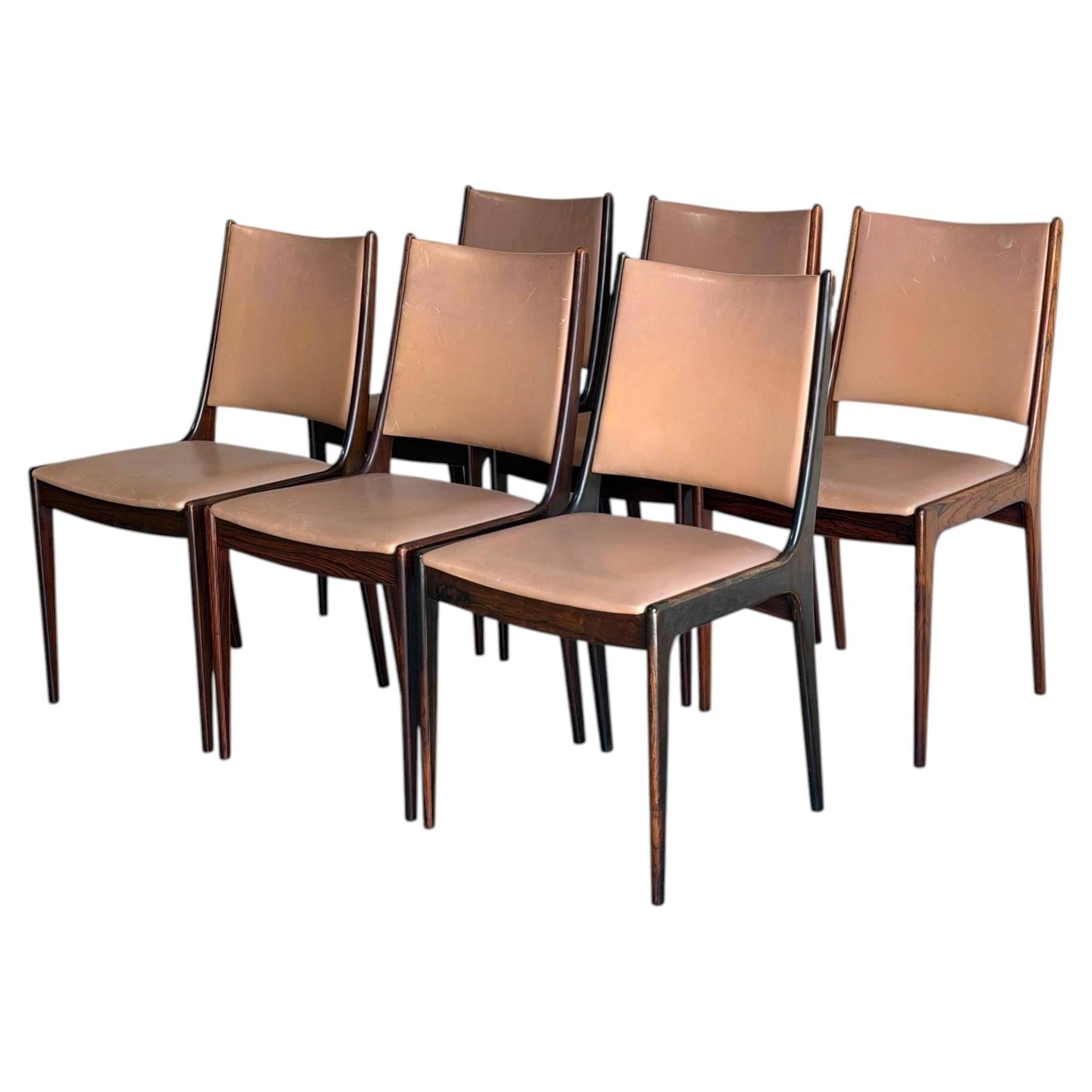 Johannes Andersen Rosewood Dining Chairs Set of 6 Leather Seating Denmark 1960s