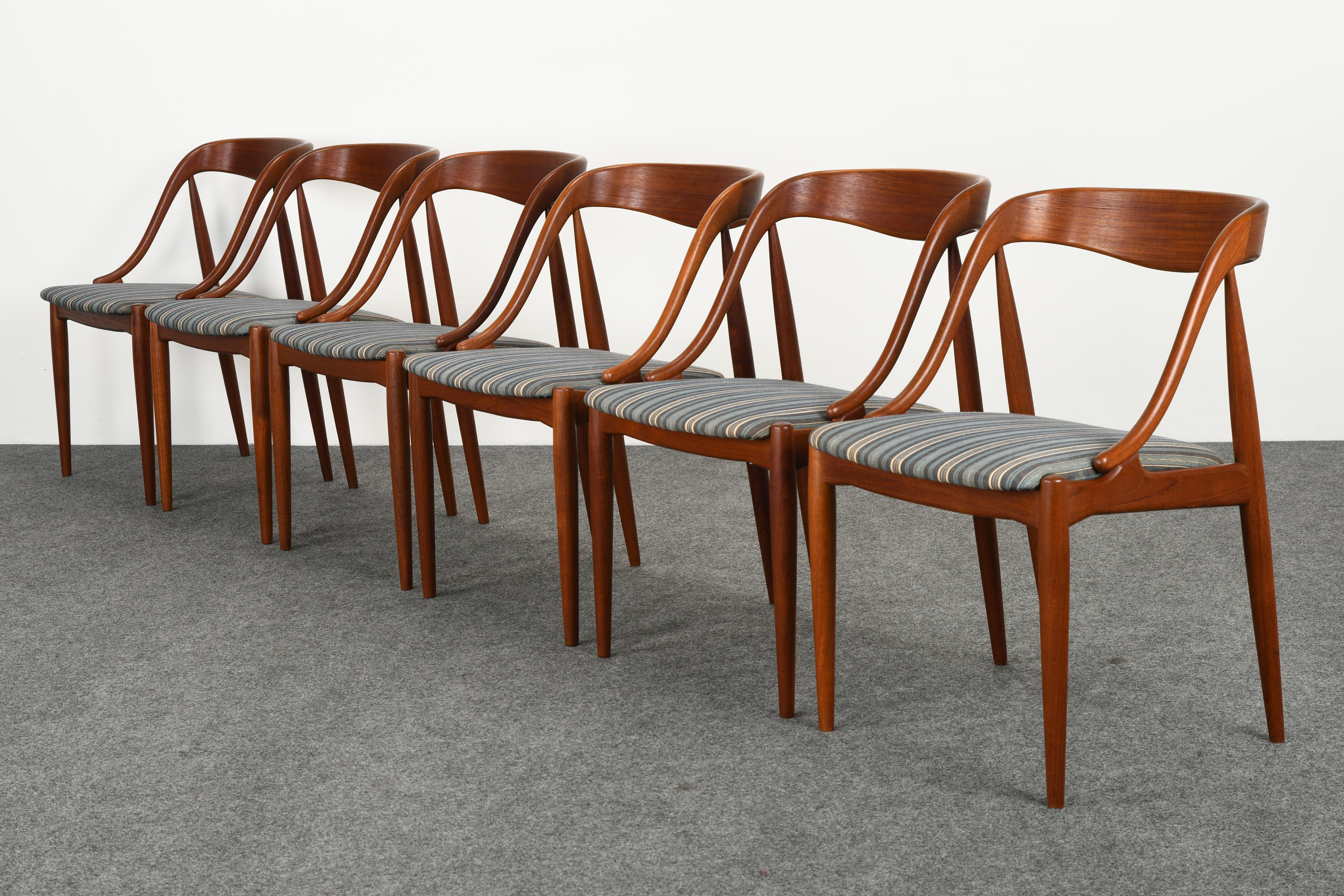 A sculptural Mid-Century Modern set of six Danish dining chairs designed by Johannes Andersen for Moreddi. These beautiful chairs have wonderful lines and would look great in any modern or contemporary interior. They have the original fabric on the