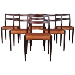 Johannes Andersen Six Dining Chairs, Model Anna, Rosewood and Leather Upholstery