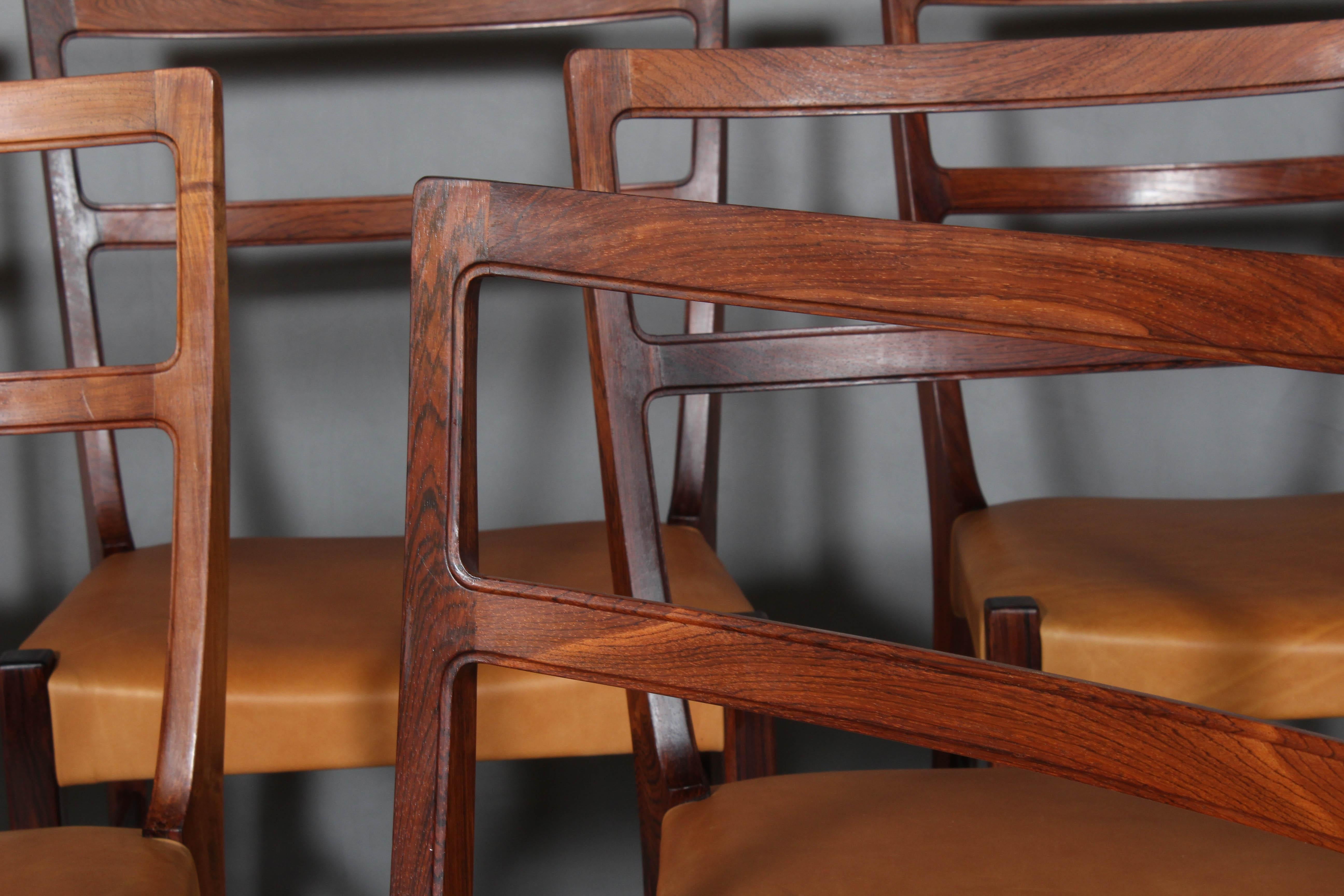 Mid-20th Century Johannes Andersen Six Dining Chairs, Rosewood and Leather Upholstery For Sale