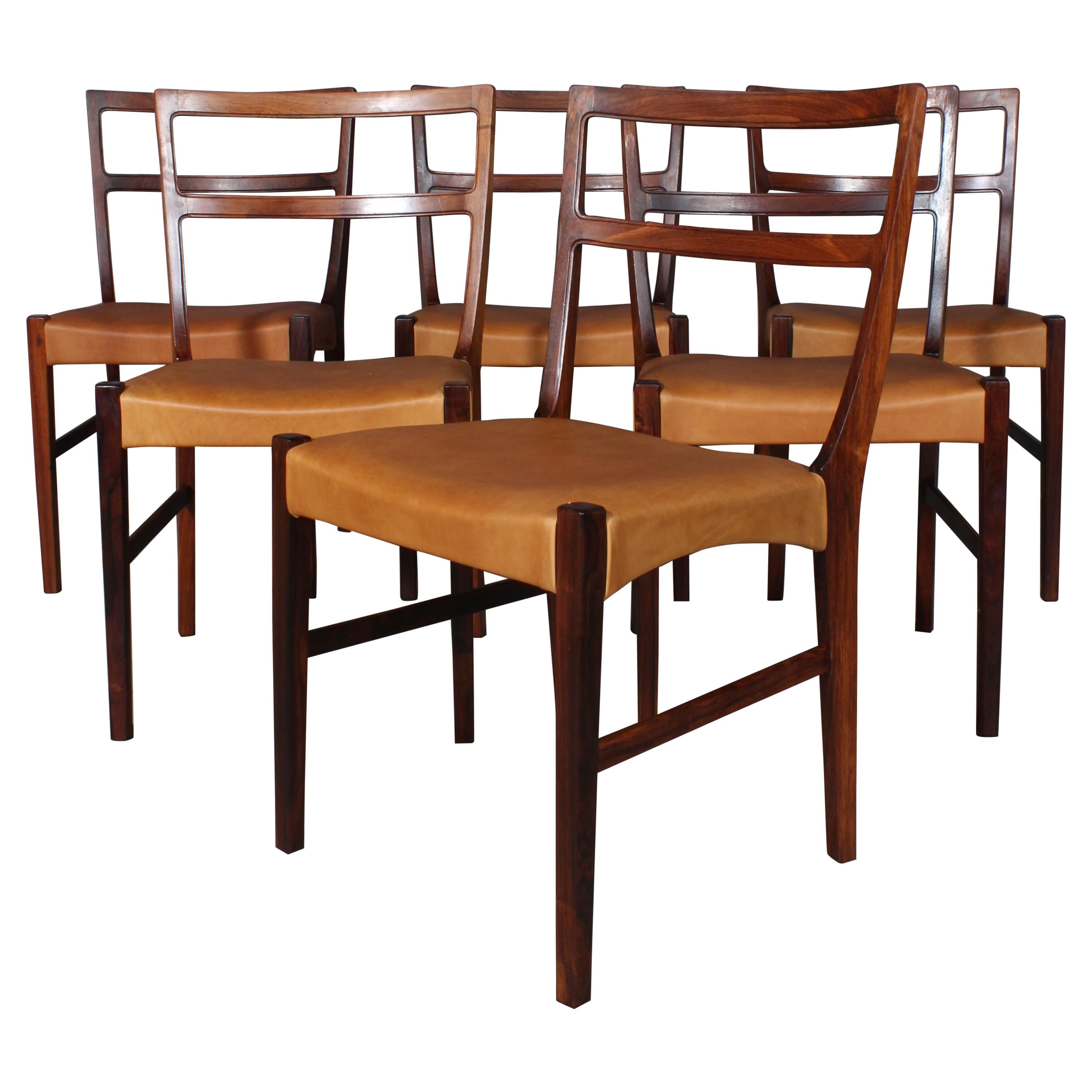 Johannes Andersen Six Dining Chairs, Rosewood and Leather Upholstery