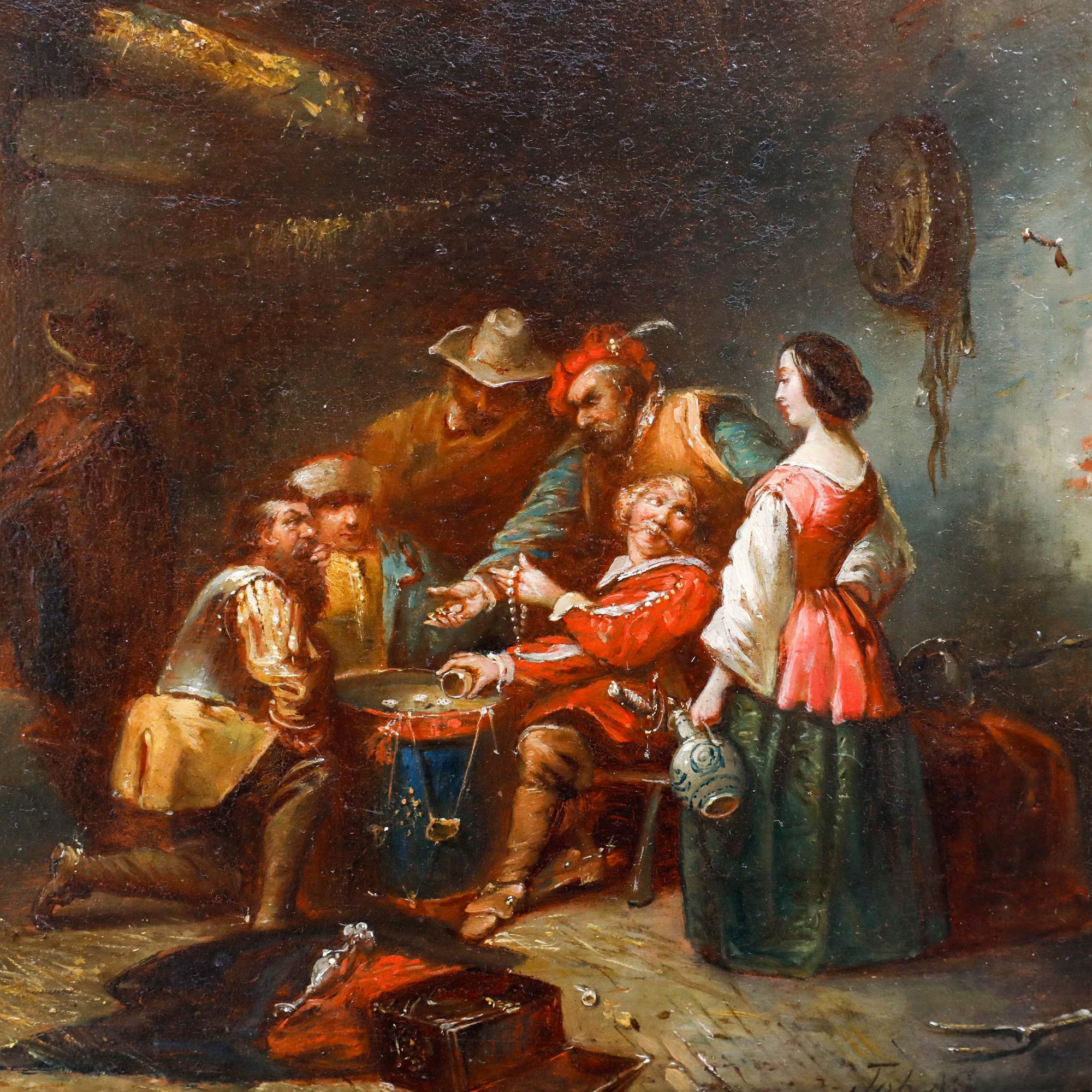 This atmospheric genre painting depicts a lively tavern scene with multiple figures gathered around a table gambling for a pearl necklace. The composition skilfully balances the intimate human drama in the foreground with glimpses of additional