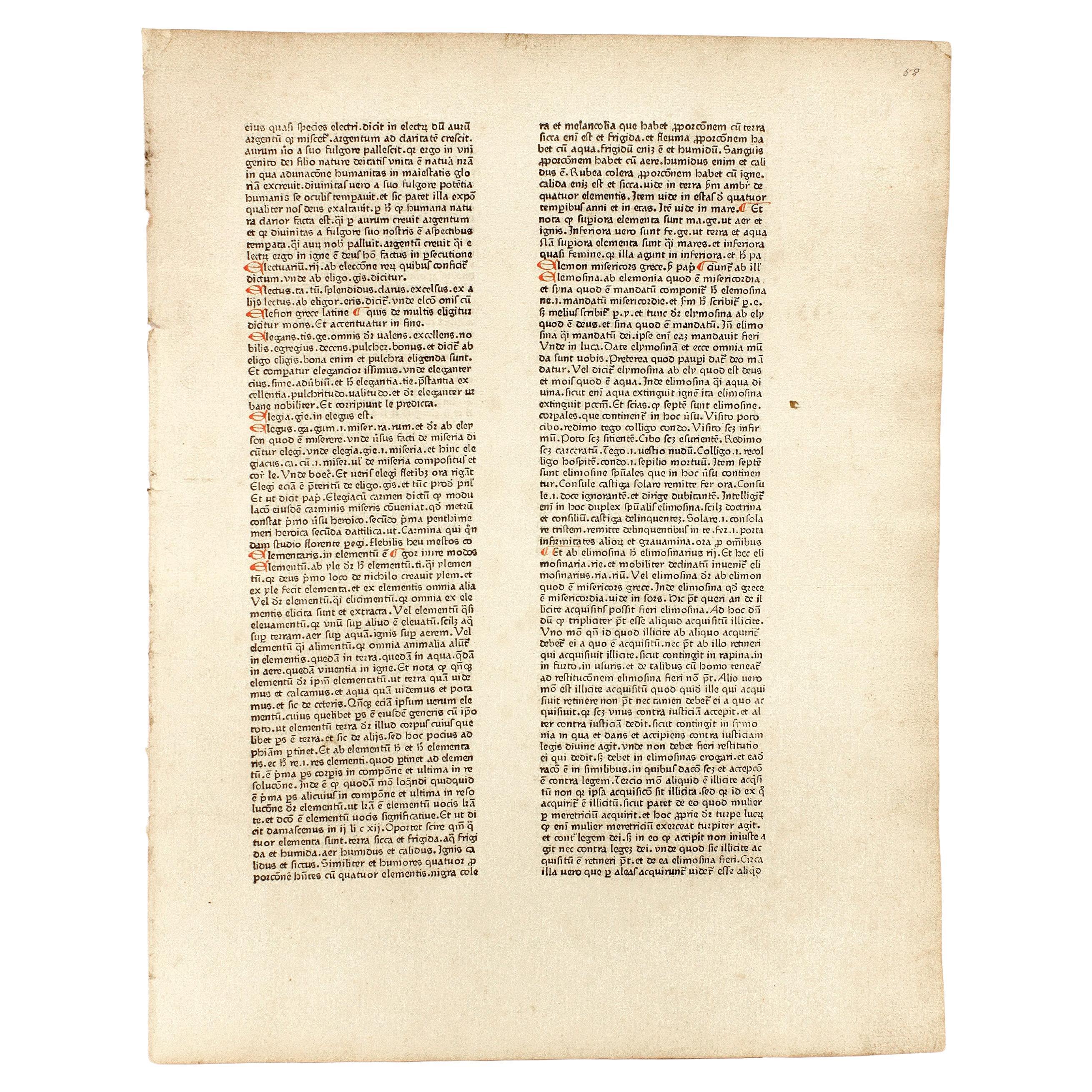 Johannes Balbus. Catholicon, 1469, Original Leaf Printed by PETER SCHOEFFER For Sale