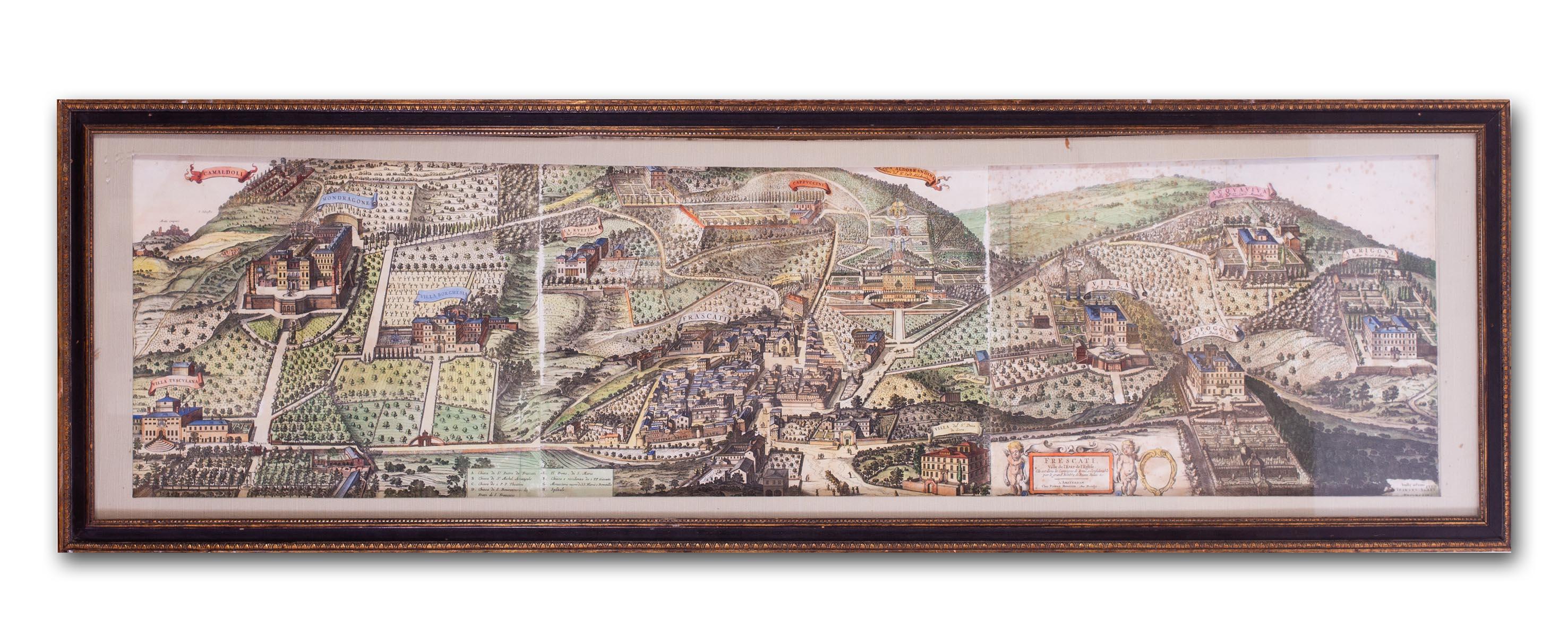 Johannes Blaeu (Dutch, 1596-1673)
A Panoramic view of Roman villas of Frascati in the Alban Hills of the Latium region of Italy
Hand coloured copper engraving on three sheets of laid paper published by Pierre Mortier, Amsterdam, 1704 – 05
Panorama