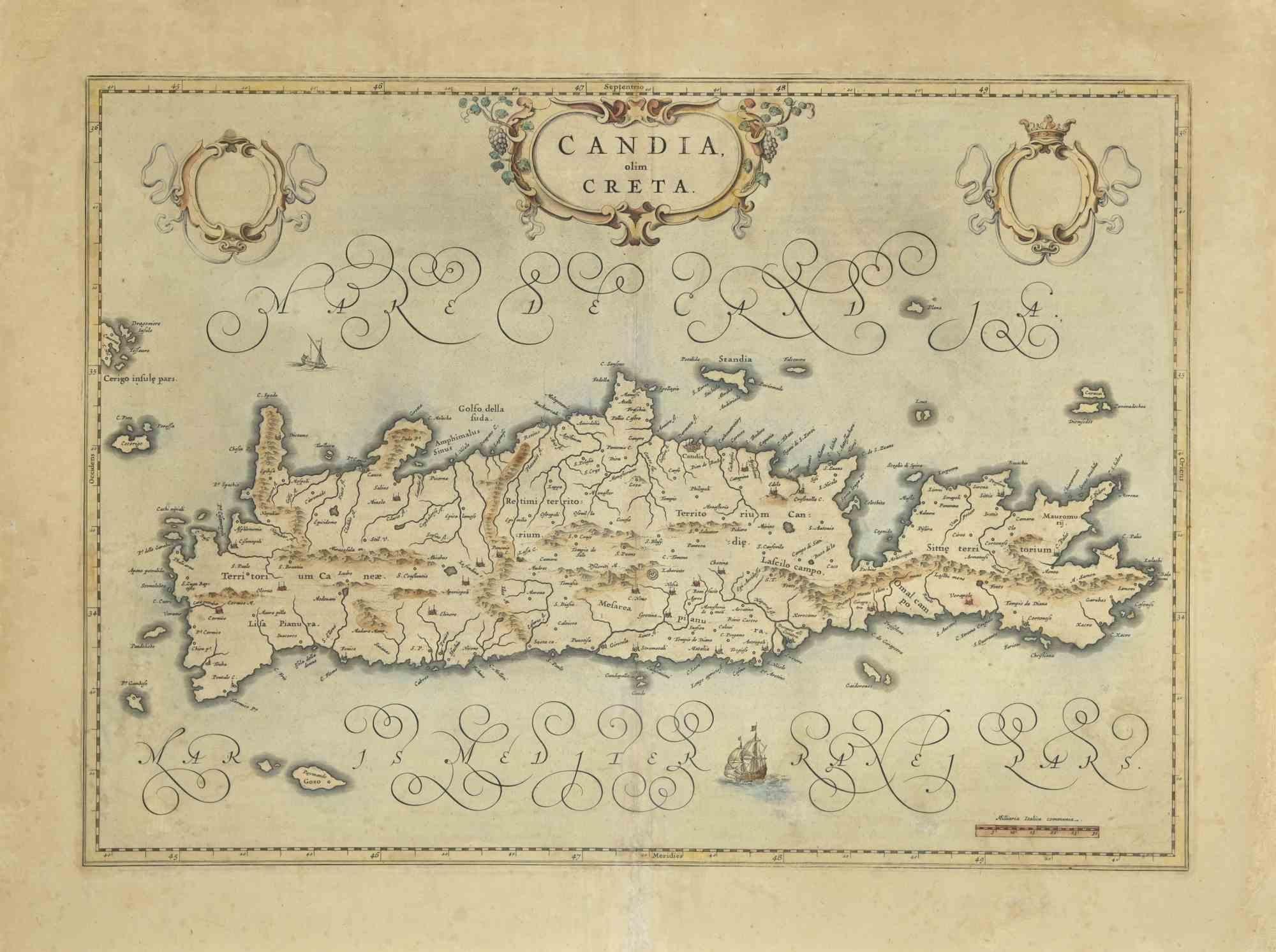 Map of Crete (Candia olim Creta) is an etching realized by Johannes BLAEU (1596-1673) in 1650s. 

Etching hand watercolored. 

The renowned map of the island of Crete by Blaeu, hand-colored at the time.

Rare and in good condition.

Joan Blaeu (23