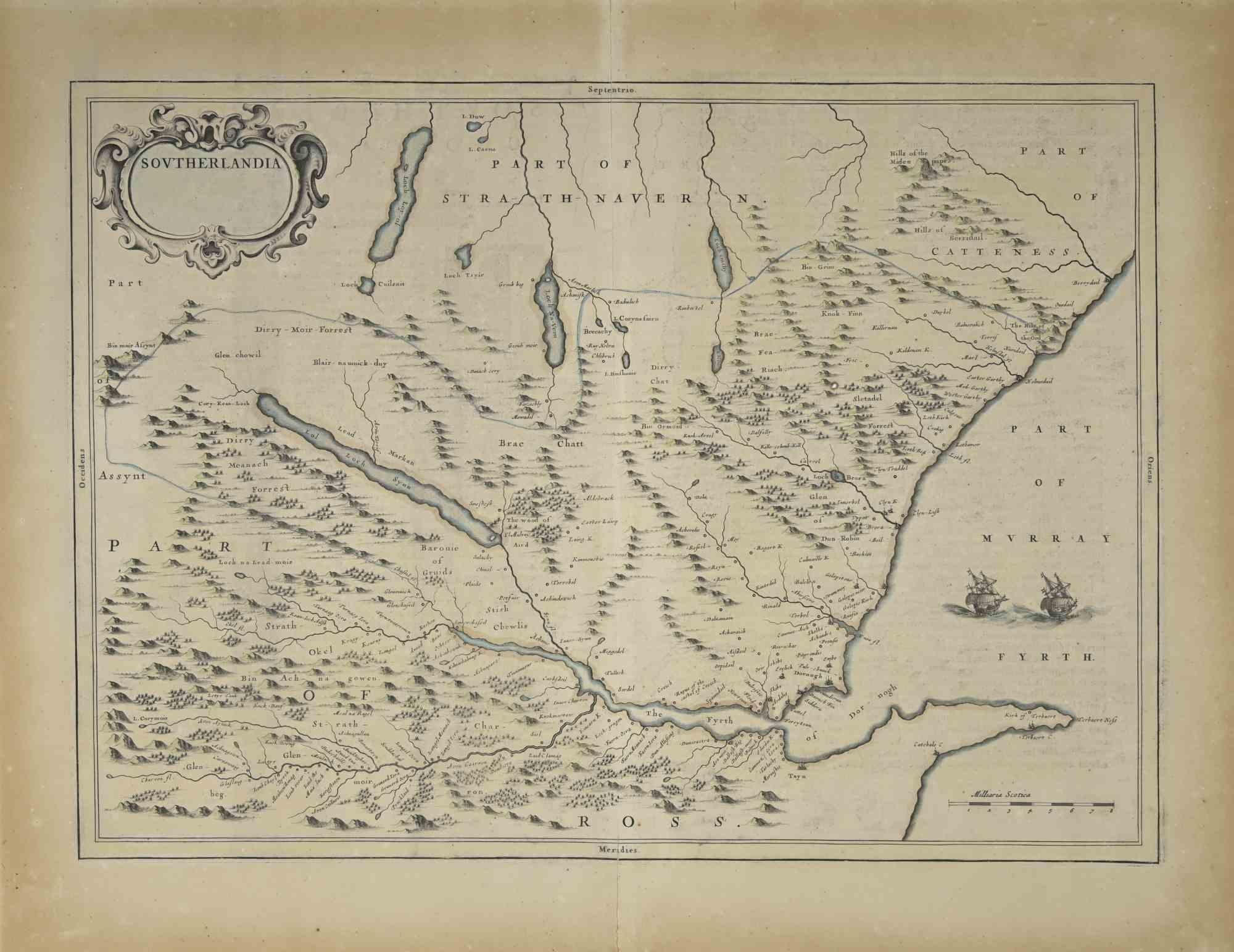 La carte de l'Écosse est une carte géographique réalisée par Johannes Blaeu.

Gravure à l'eau-forte, imprimée en 1660 ca.

Gravure sur cuivre, coloriée (coloriage coeval), sur papier, avec pliure centrale ;

Texte en latin. Dimensions visuelles 47,5