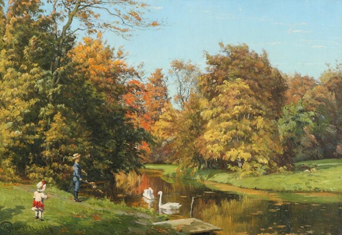 Johannes Boesen: Sunny day at the park with children playing. Signed and dated J. Boesen 188? Oil on canvas.
This painting of two children playing by a lake is by Johannesburg Boesen who was born in Copenhagen in 1847. Following the techniques of
